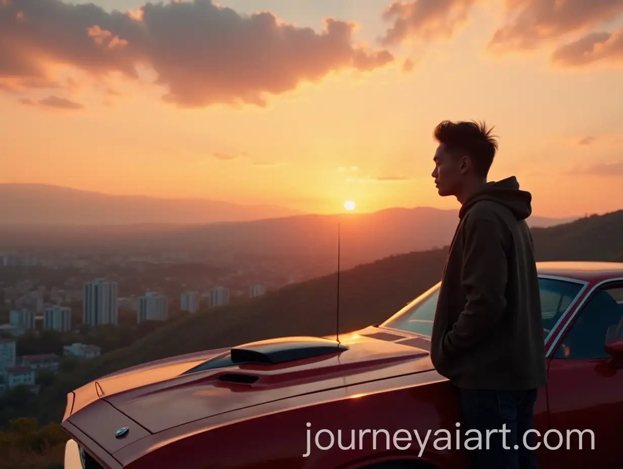 30YearOld-Asian-Man-Reflecting-Against-Red-Muscle-CarAI-Image-Prompt-Expansion-on-Hilltop-Overlooking-City-at-Golden-Hour