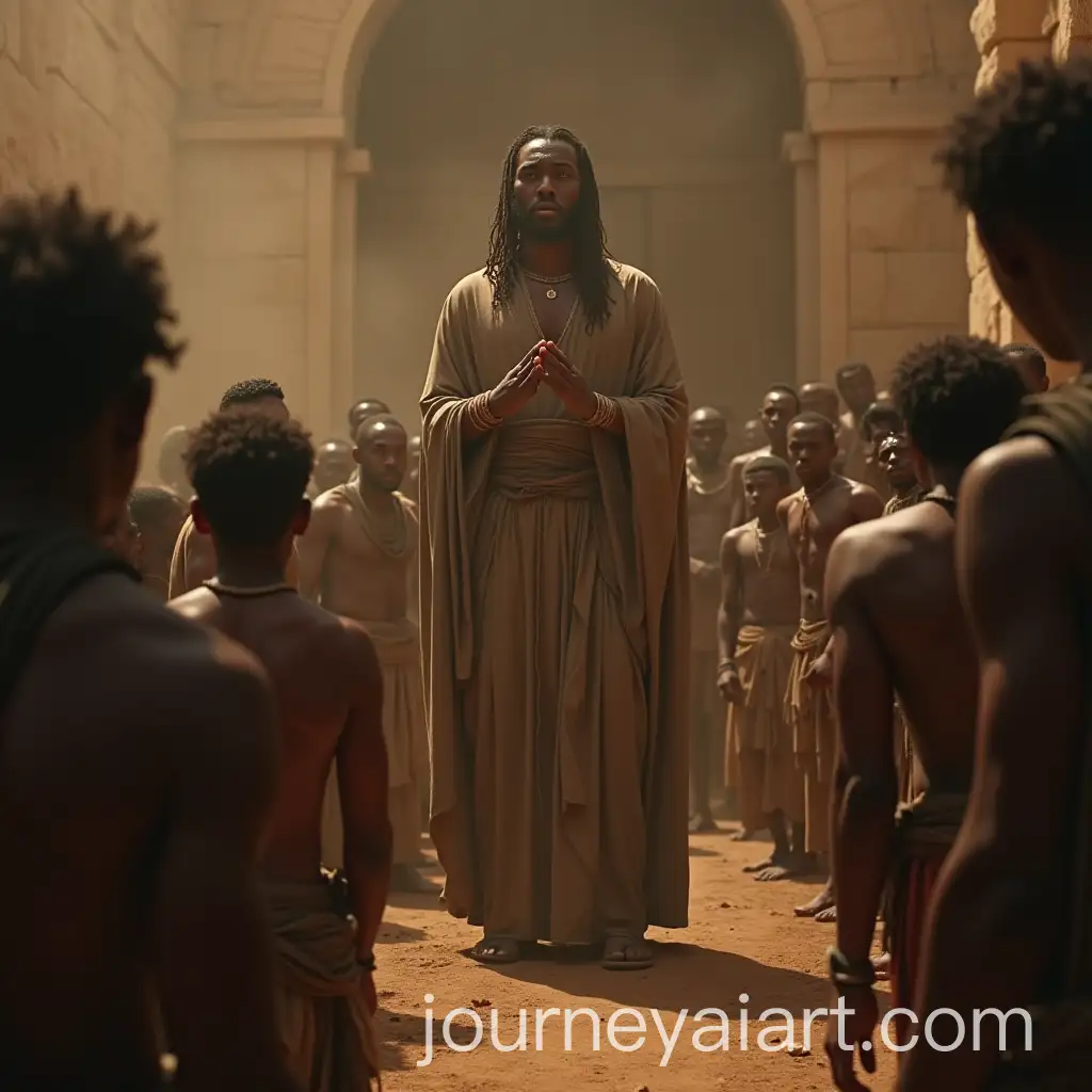 Prehistoric-Slave-Master-with-PriestLike-Appearance-Surrounded-by-Worshipping-Slaves