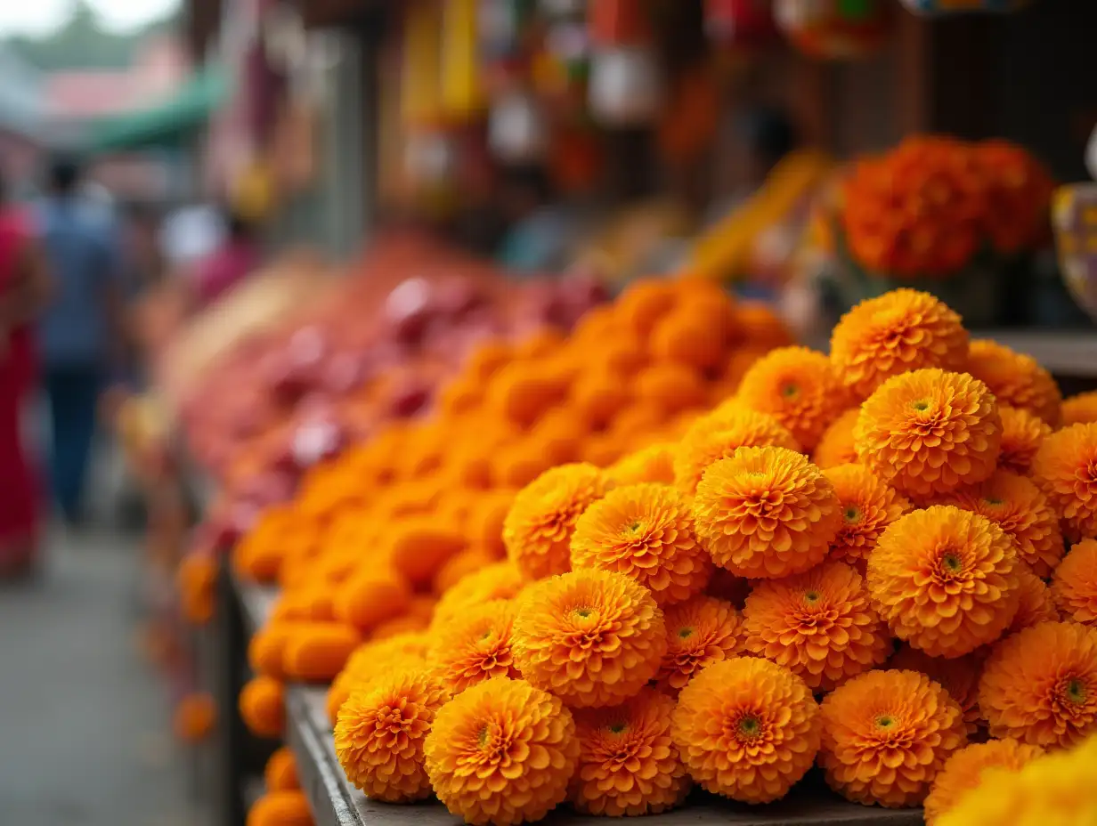 A bustling market scene with fresh marigold flowers on display, capturing the vibrancy and cultural richness of Indian marketplaces