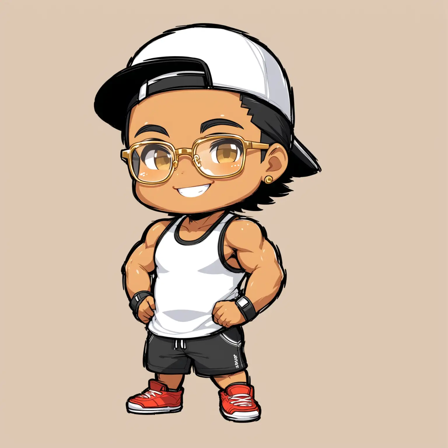 tan filipino man, muscular, chibi, black hair, smiling, wearing shorts and a tanktop and a backwards hat, and gold framed glasses