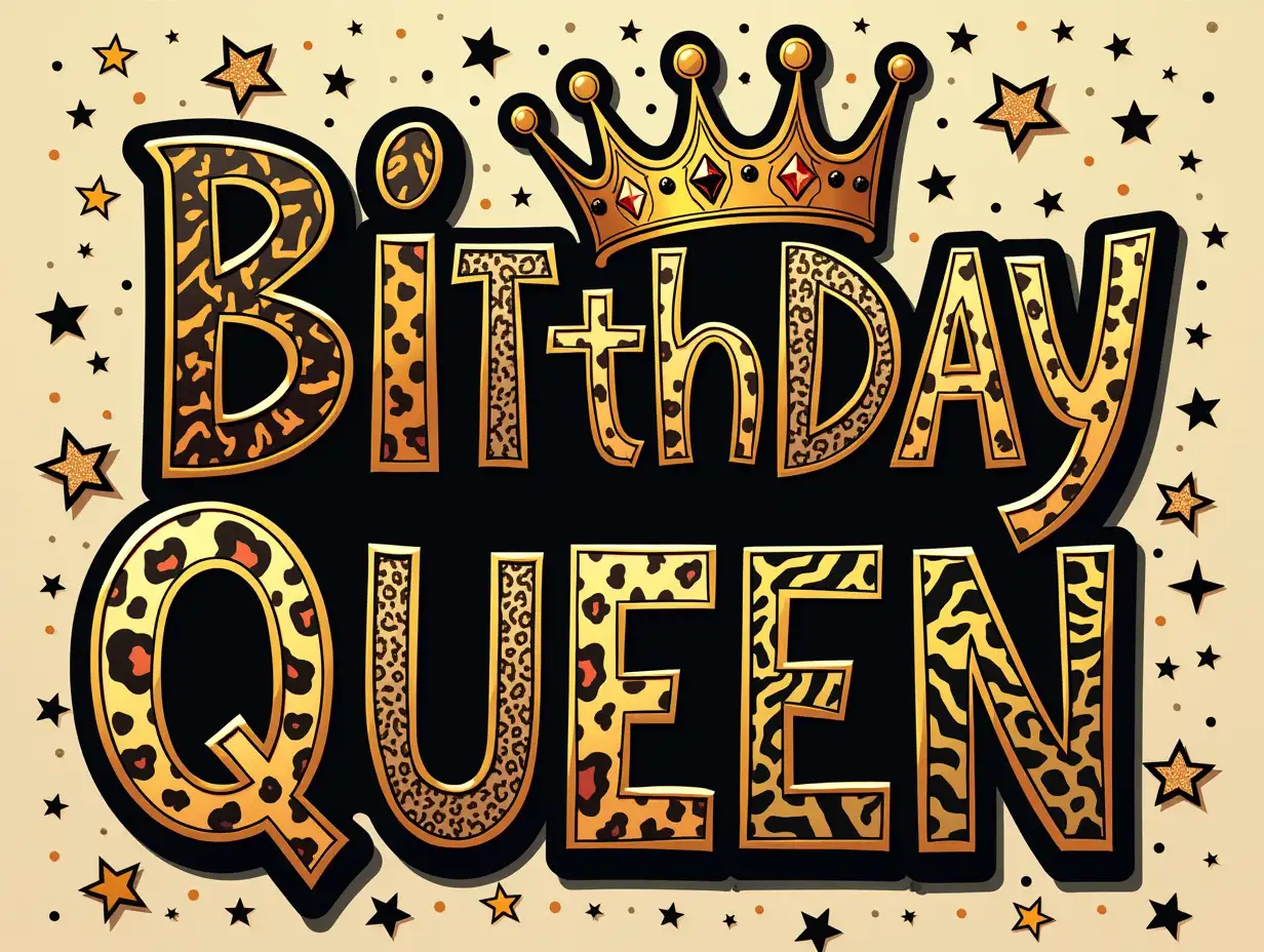 Vector illustration, Art style: stained glass, Simple lines. Create vibrant digital artwork featuring the phrase 'Birthday Queen' in bold, playful typography. Design each letter uniquely: 'B' in leopard print, 'I' in shiny gold glitter, 'R' in zebra pattern, 'T' in elegant black with gold accents, 'H' in sleek gold, 'D' in dazzling gold, and 'A' in textured animal print. Place a shiny, ornate gold crown above the text. Add sparkling stars and confetti in the background, using a color palette of gold, black, and animal prints for a fun, glamorous birthday celebration aesthetic.