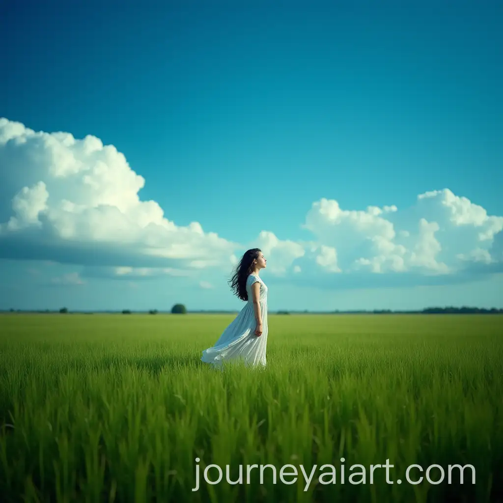 Girl-Standing-in-Vast-Green-Marsh-with-Flowing-Dress-Under-Bright-Sky