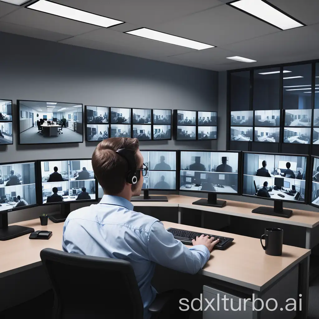 depict a person in an office who is sitting in front of 6 monitors where the image from surveillance cameras is being transmitted and observing the situation