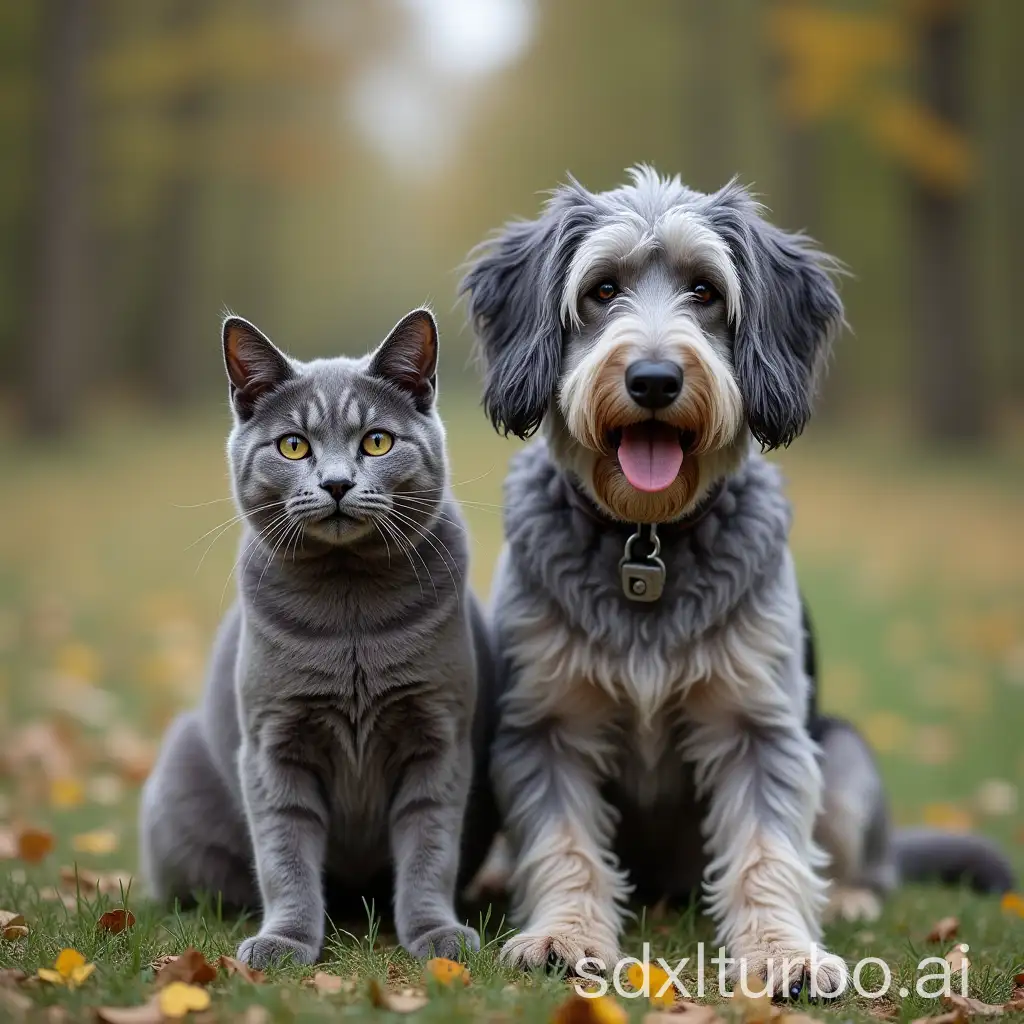 Grey-Cat-and-Mnsterlnder-Dog-in-Tranquil-Garden-Setting