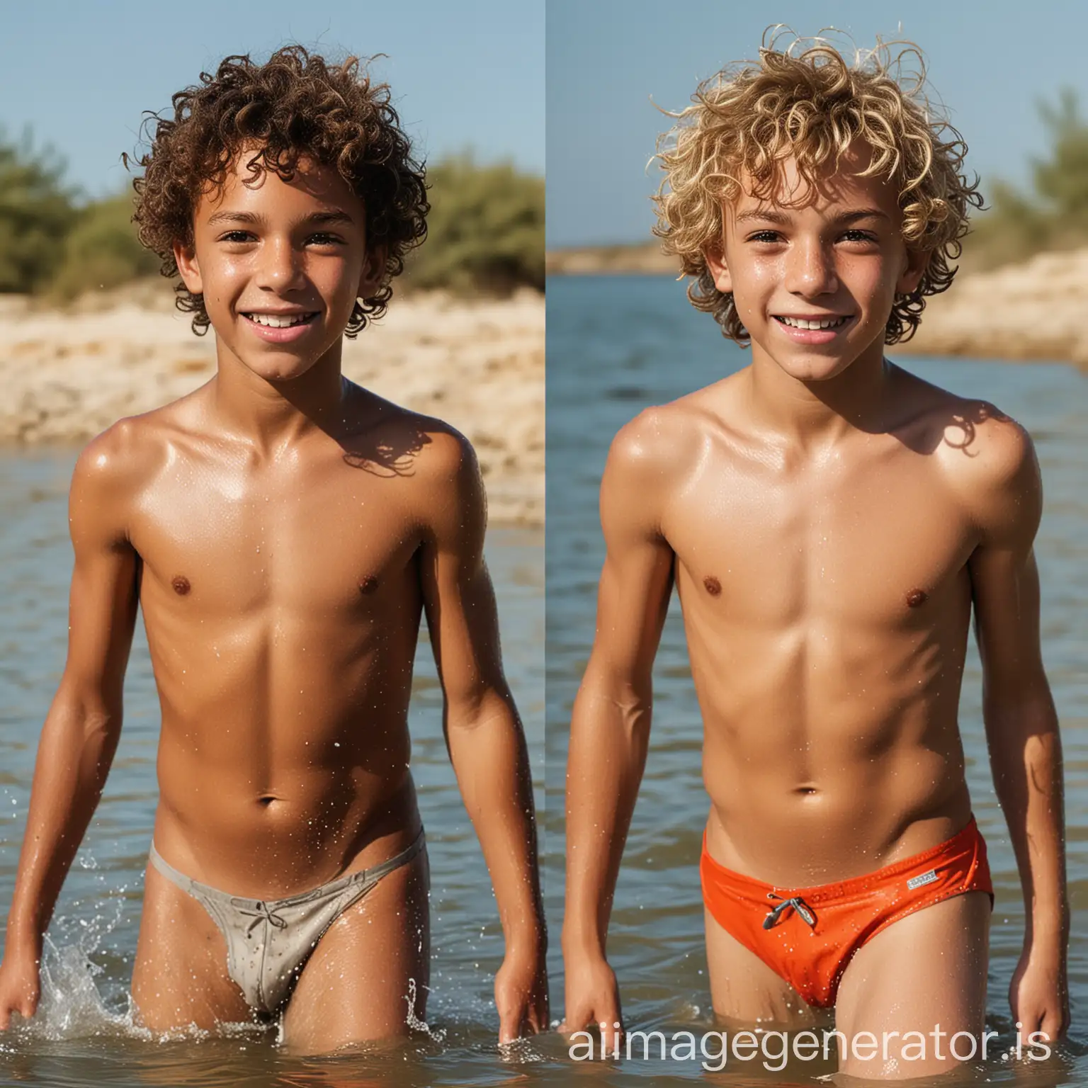 Two twelve year old boys. One with dark skin and curly hair. One with light skin and straight blond hair. Both wear brief slip briefs. Freckles. Bright eyes. Swimming in the sea of a desert island. Splashing. Jumping.