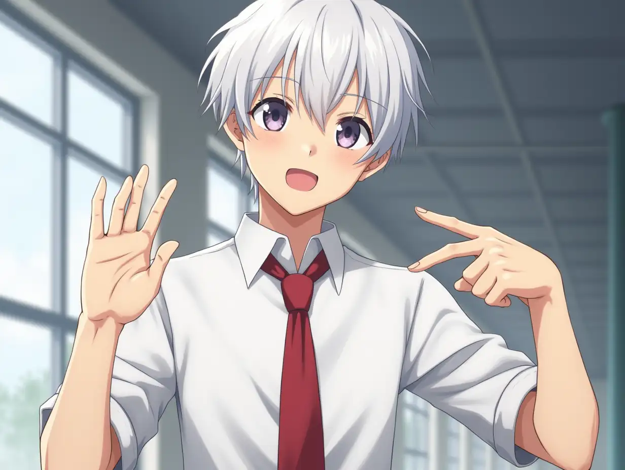 A boy in a white shirt of highschool, white hair and a red tie is making expressions, pointing to the cam, how if was talking with a cam. A anime style.