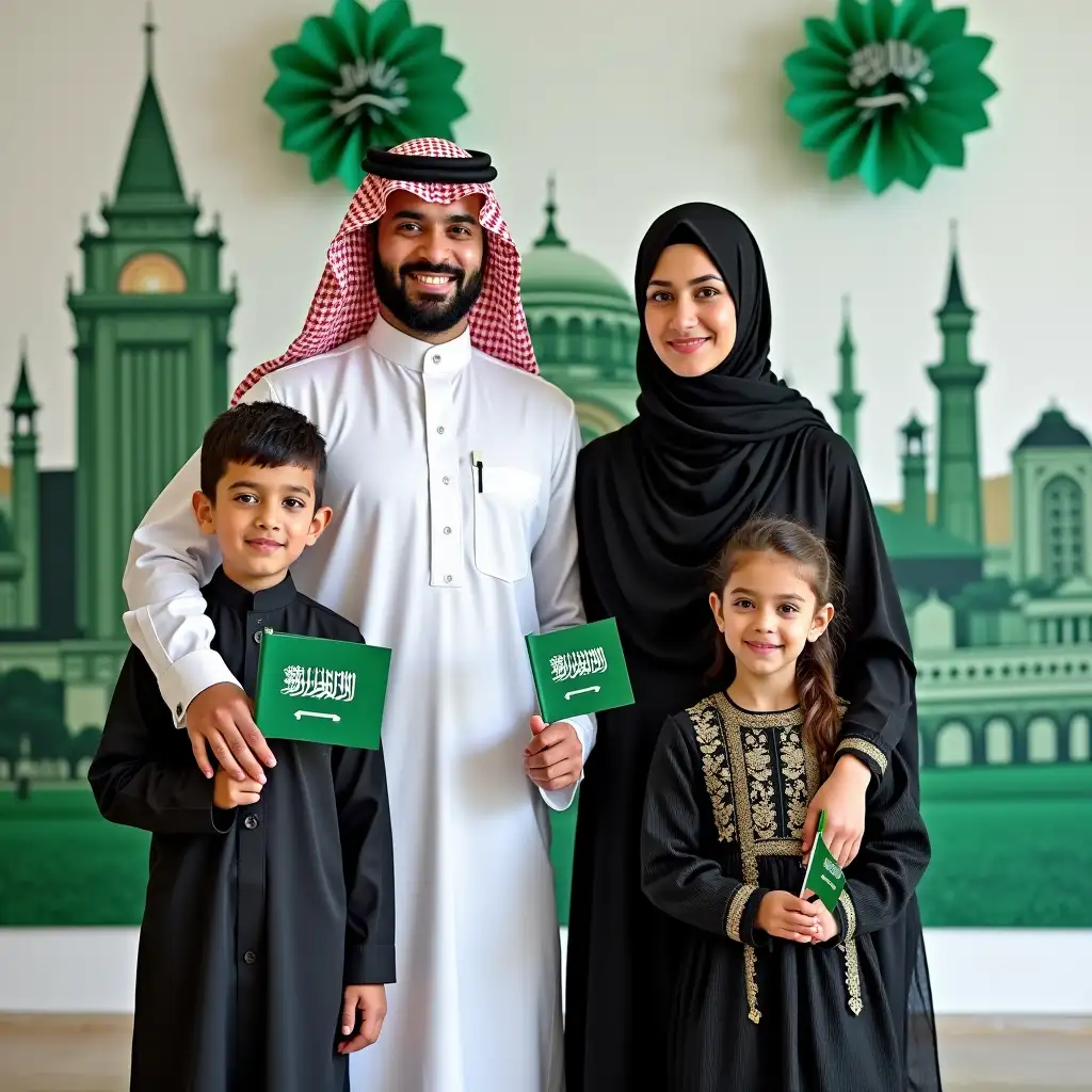 cultural significance of the occasion. The father and mother, dressed in traditional Saudi attire, stand proudly beside their children – a son and a daughter.  Father: Wearing a traditional thobe and ghutra (head covering), the father holds a Saudi flag in one hand while smiling warmly, symbolizing pride and heritage. Mother: The mother is elegantly dressed in a black abaya with intricate traditional embroidery and a niqab. She stands confidently, with a soft smile, radiating grace and strength. Son: The son is wearing a mini version of a thobe and ghutra, holding a small flag of Saudi Arabia. He looks joyful and excited, embodying the spirit of the nation. Daughter: The daughter is dressed in a traditional abaya with subtle patterns, holding a miniature flag of Saudi Arabia. She is smiling and looking toward her family, representing the future of the kingdom. In the background, the theme of Saudi Arabia’s Founding Day is evident through decorations that highlight the kingdom's history, with vibrant green colors and traditional symbols. The family stands proudly together, reflecting the unity, pride, and cultural heritage of Saudi Arabia.  The entire family’s full-body portraits are captured against a beautiful scenic backdrop, possibly featuring historic landmarks or traditional Saudi architecture, creating a harmonious blend of culture, pride, and love for the nation.