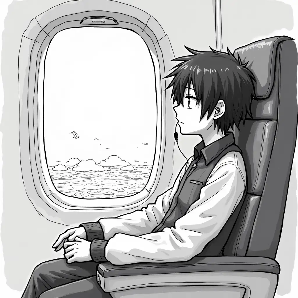 Edge is reminiscing on a plane - Description: On the plane, Edge is leaning against the window, his head slightly turned towards the outside. His eyes are hollow yet they seem to hide endless thoughts, while the sea of clouds outside is churning into a raging tide with black and white lines. Edge's earphone line is clearly visible, hanging down from his cheek, and the armrest of his seat shines coldly under his hand, the simple pen drawing style highlighting his lonely figure and serene atmosphere.