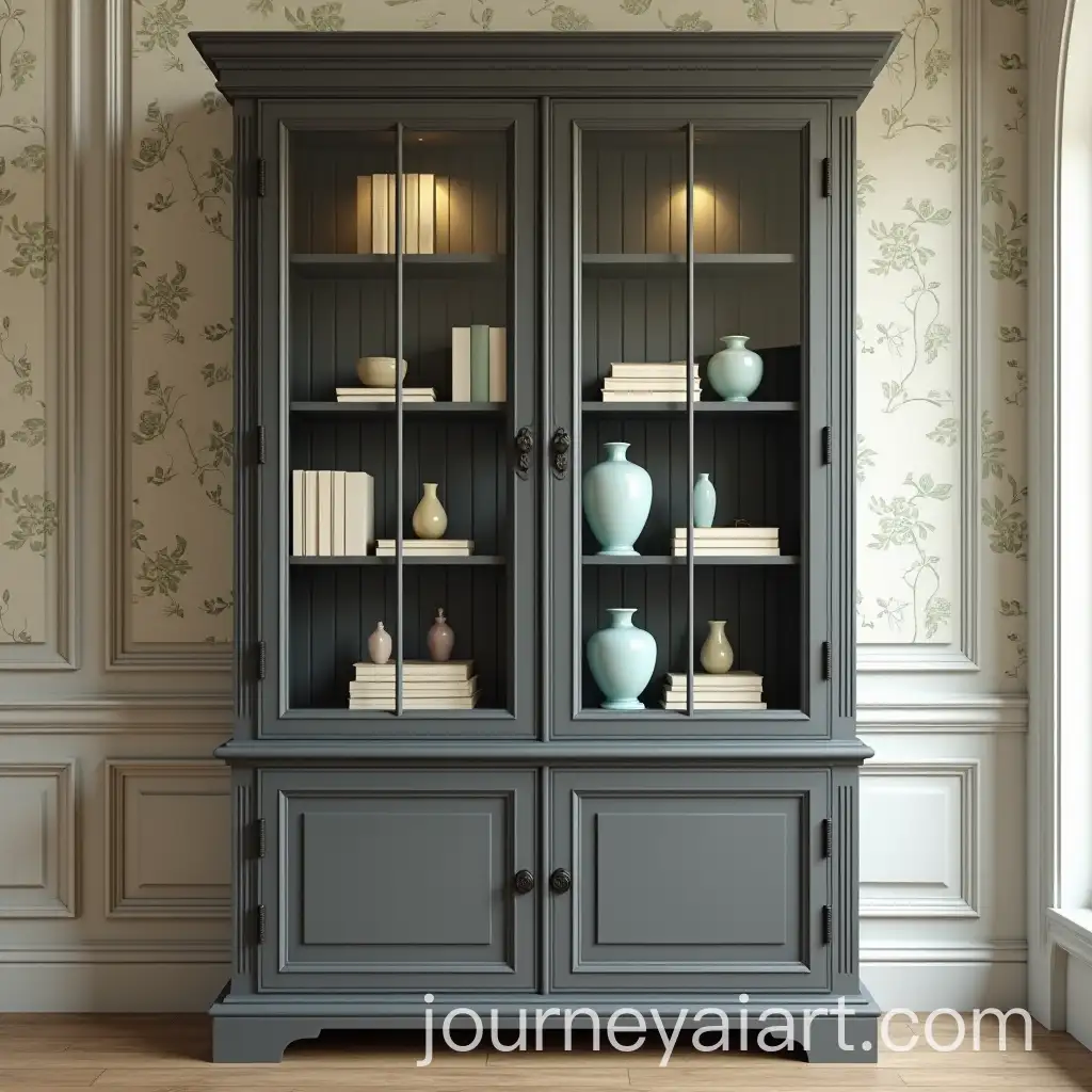 Classic-Antique-Wooden-Bookcase-with-Glass-Doors-and-Floral-Wallpaper