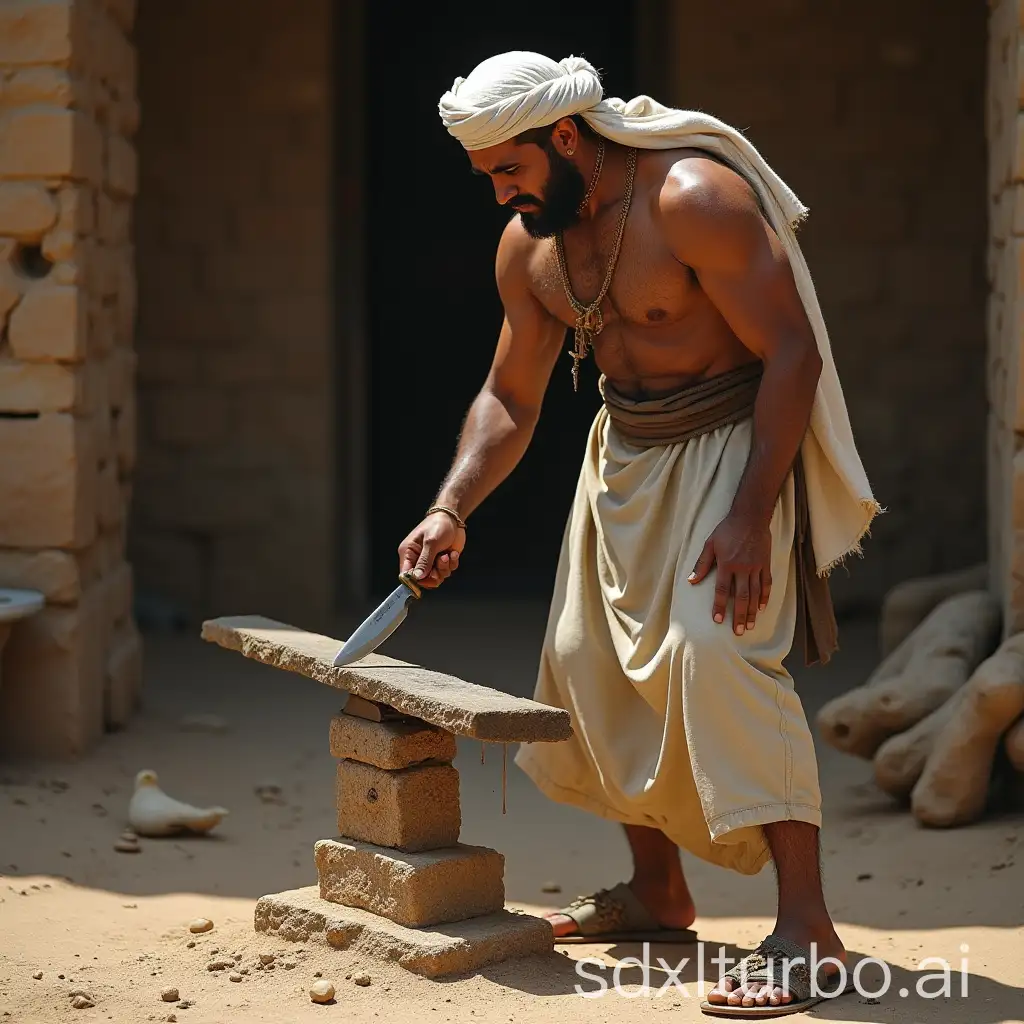 Realistic, standing Young Arab Man in sandals sharpens a knife on a historical round whetstone. full view