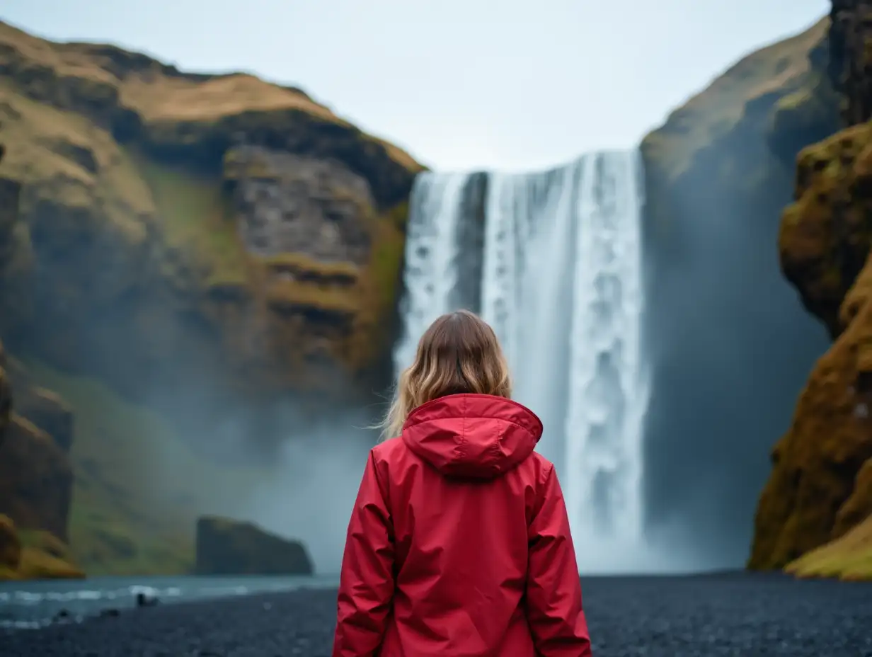 Red-Raincoat-Woman-at-Skogafoss-Waterfall-in-Iceland