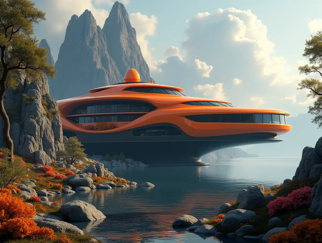 Create a high-resolution realistic image in 4k resolution a futuristic Orange with black Building with curved pillars, mountains large trees, rocks flowers a futuristic very large Yacht with glass window cloudy sky