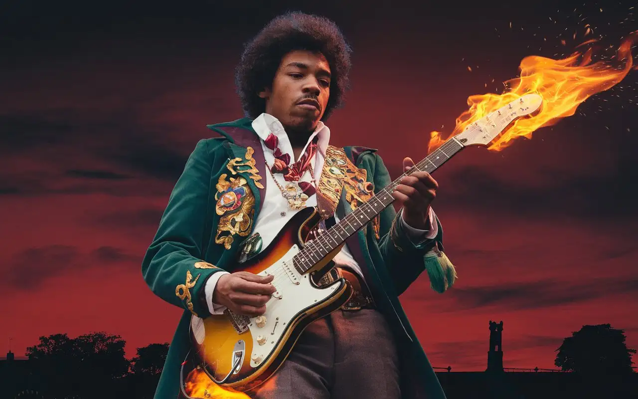 Jimmy Hendrix Playing Burning Guitar in Birmingham England