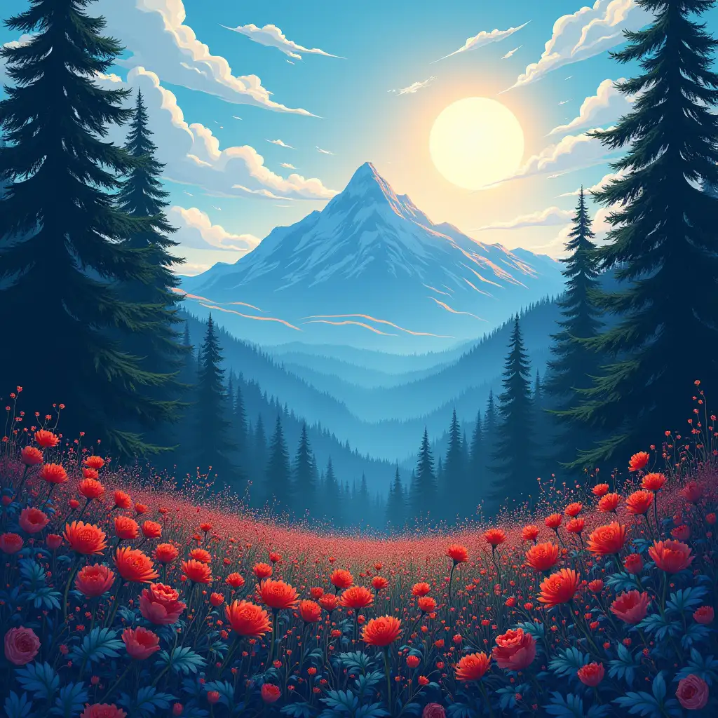 Serene-Forest-Landscape-with-Mountains-Sun-and-Colorful-Flowers