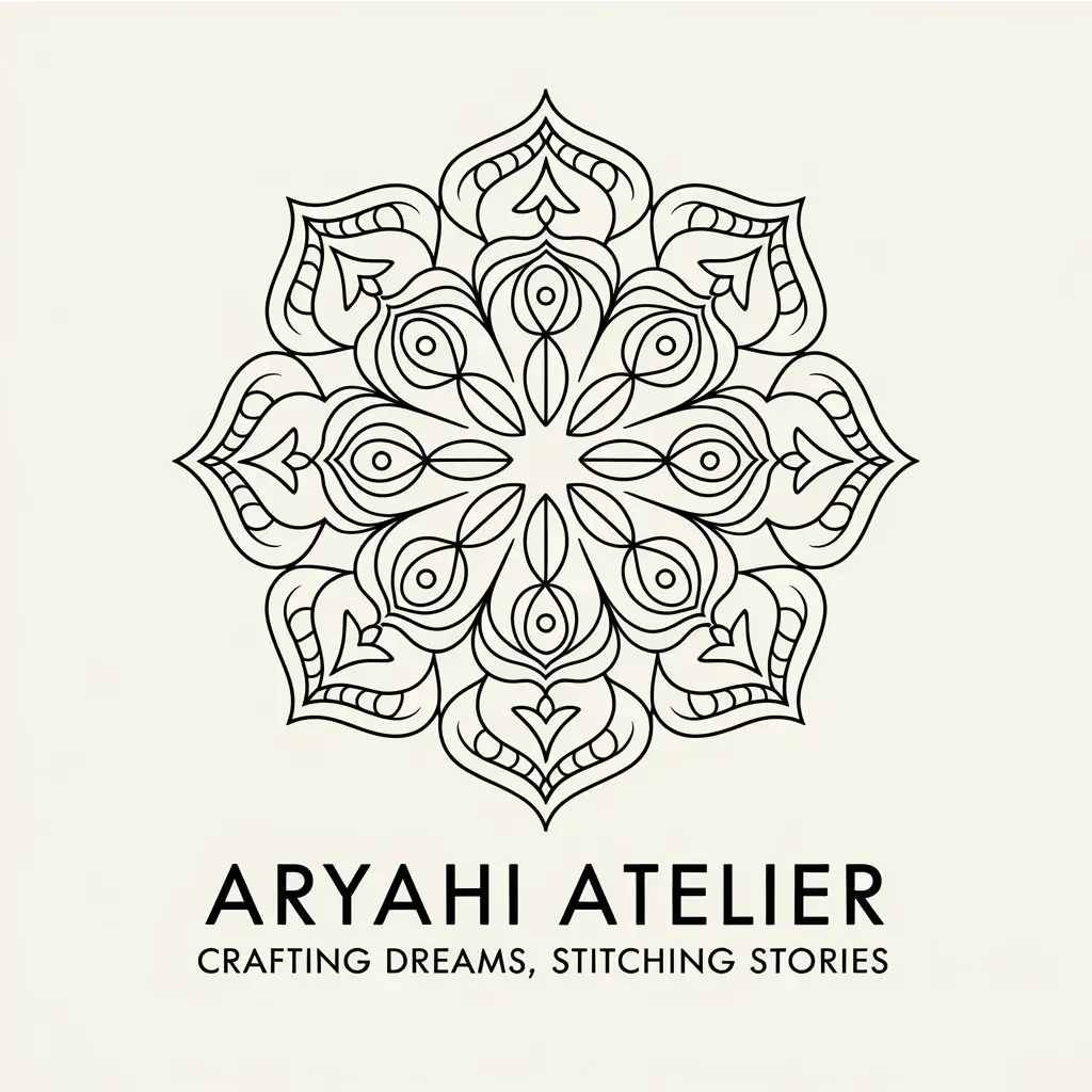 LOGO Design for Aryahi Atelier Aesthetic Mandala Pattern with Crafting Dreams Stitching Stories Text