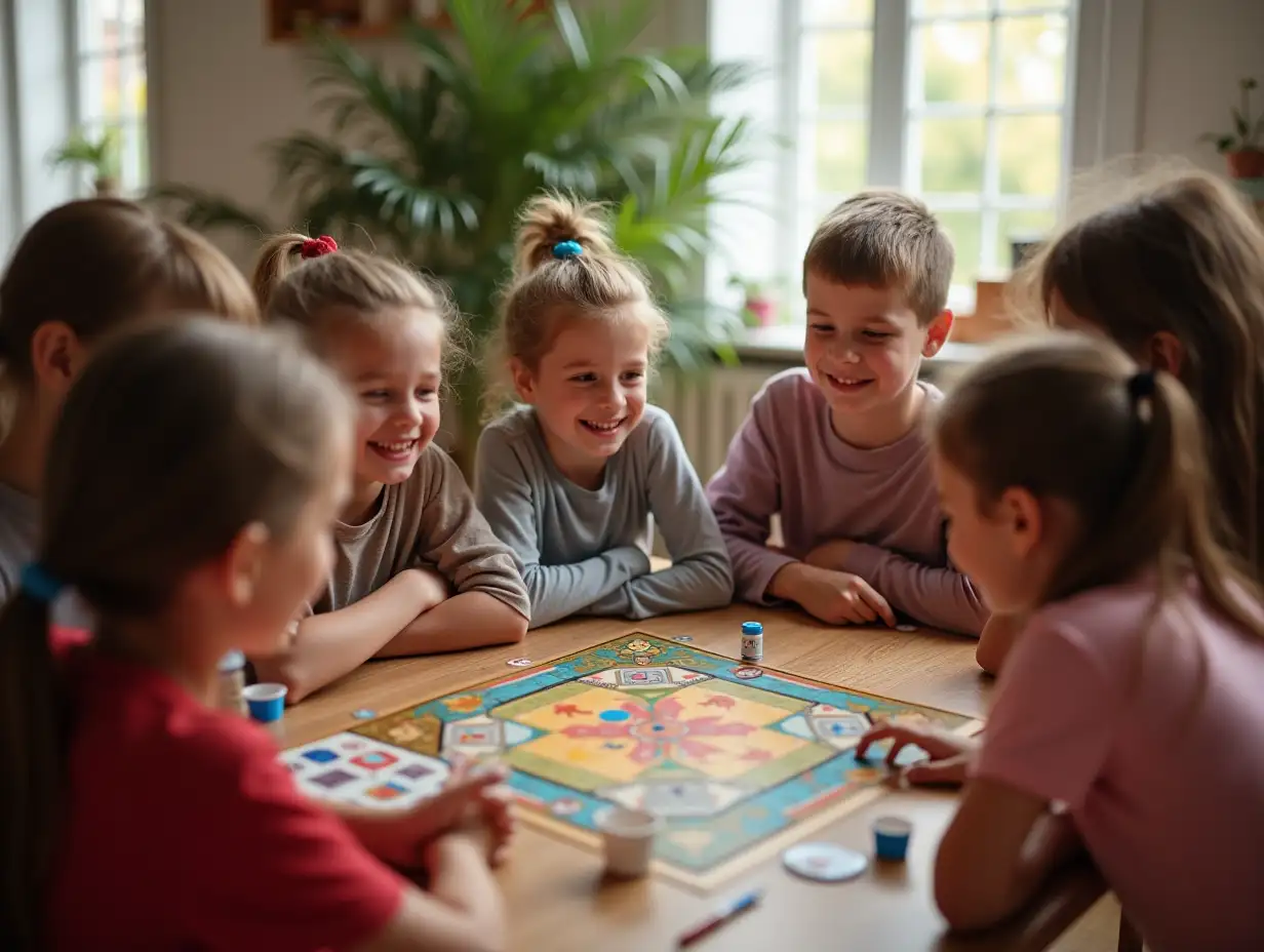 6 happy children ages 9-13 during a board game of English in a circle in a cozy bright room