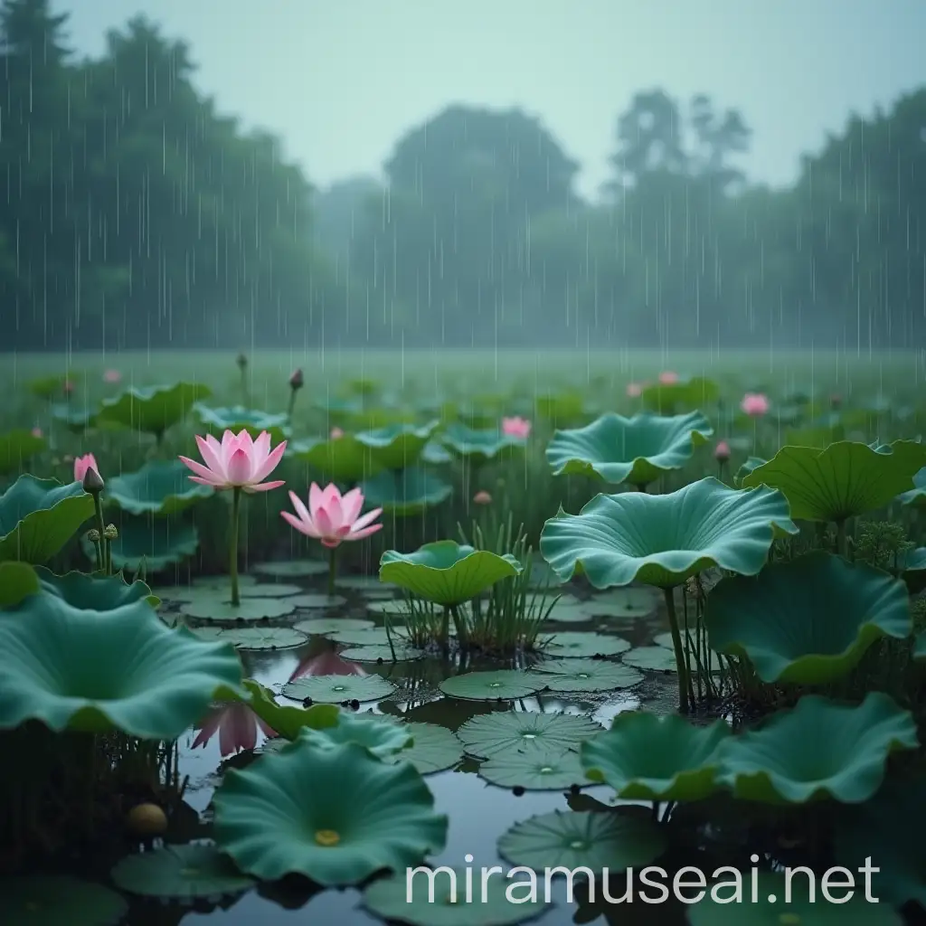 Solitary Rainy Day in Lotus and Water Lily Field