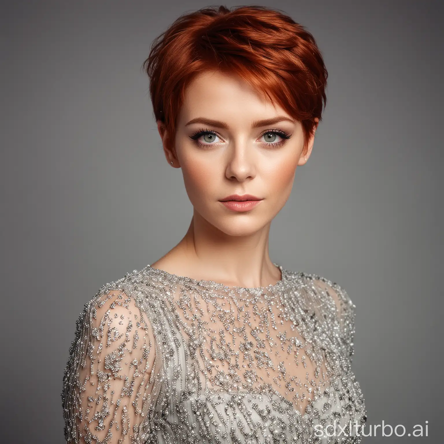 woman, short red hair, grey eyes, luxurious dress