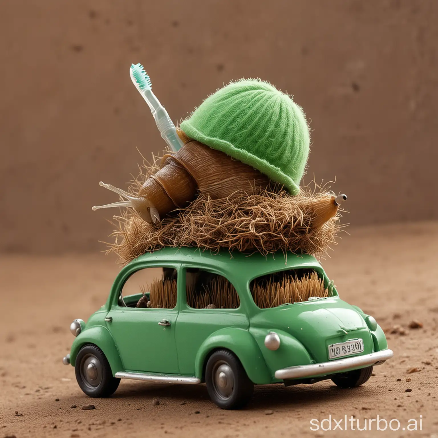 Whimsical-Toothbrush-Car-with-Green-Hat-and-Snail-House