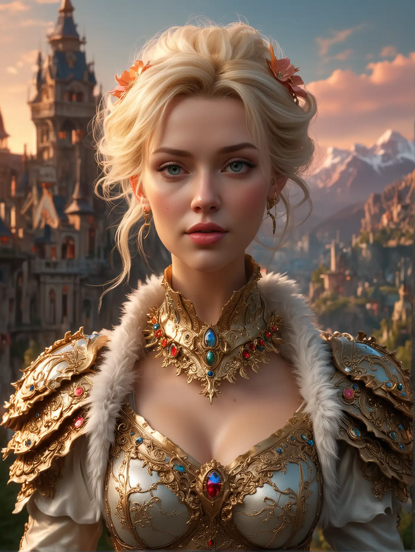 Massive scale, full body, rococo, perfect features, gigantic scale, giantess, Scarlett Johansonn as hunter elf woman, adorable, gorgeous, short blonde hair, pretty cleavage, as an rococo painting , vibrant colours, intricate detailed , wearing a fur lined armour miniature landscape with dramatic light of sunset, miniature scale mountains, miniature scale hills, depth of view, cell shading, Face by Tom Bagshaw and art by Sakimichan, Android Jones" and tom bagshaw, BiggalsOctane render, volumetric lighting