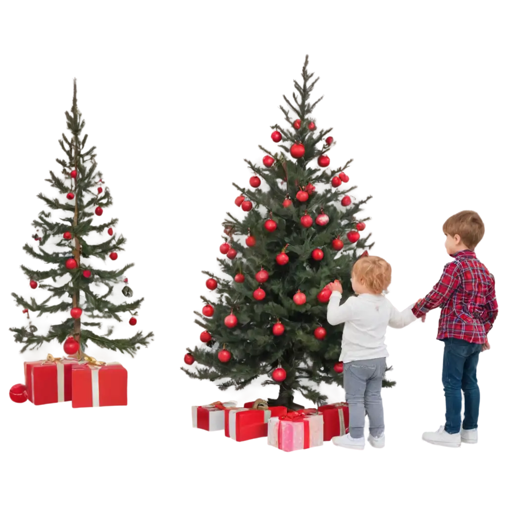 Children-Standing-Near-a-Christmas-Tree-with-Red-Toys-PNG-Image-for-HolidayThemed-Projects