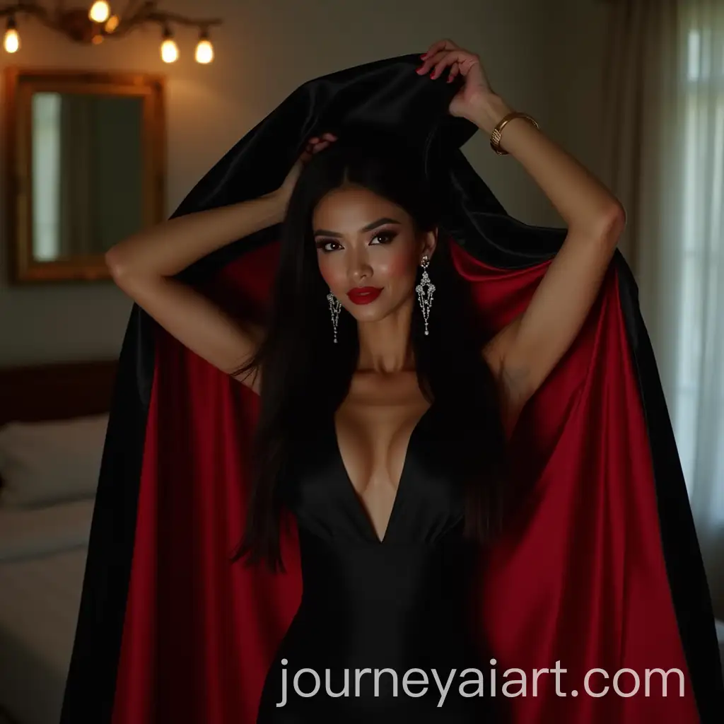 Vampire-Woman-in-Silky-Red-and-Black-Cape-in-Mansion-Bedroom