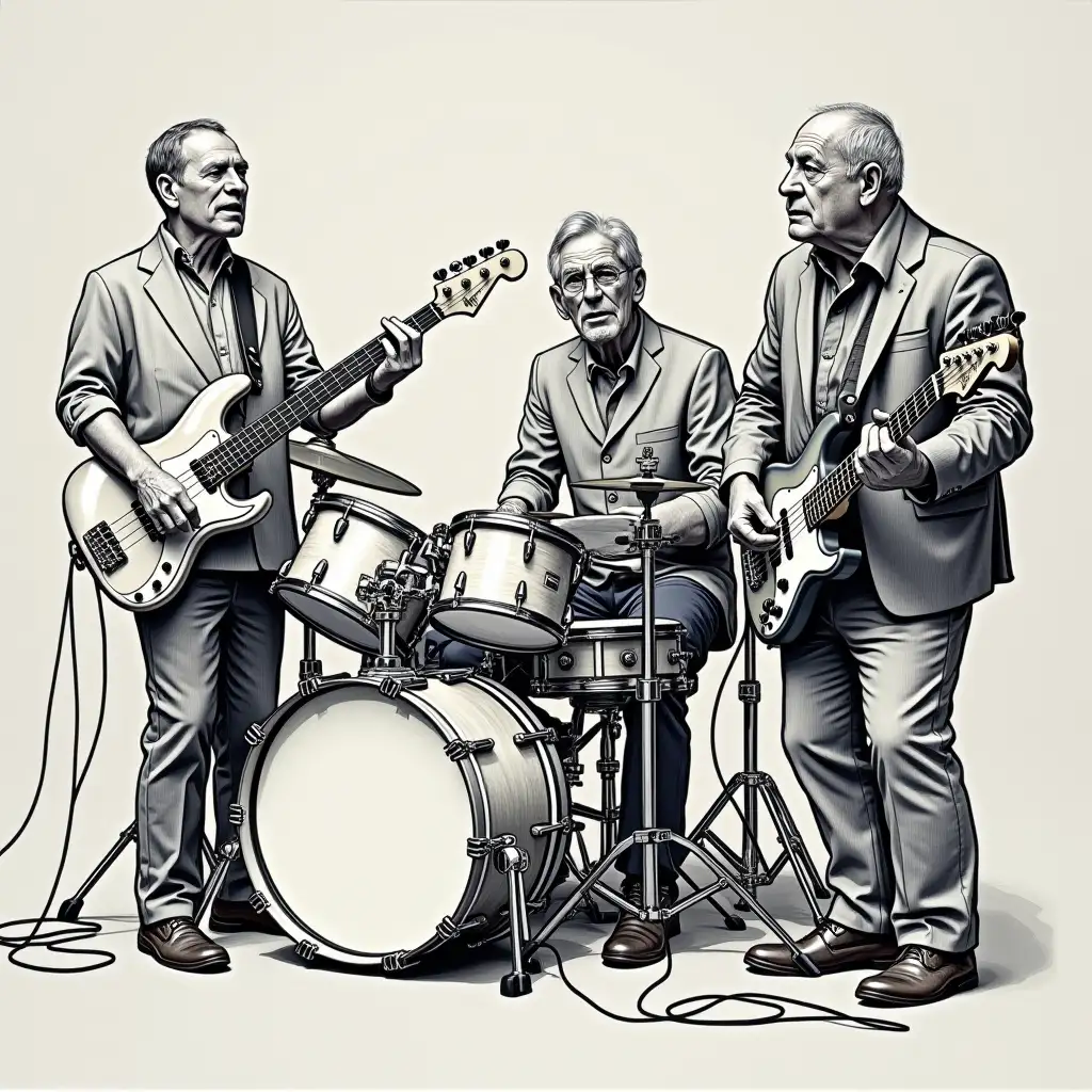 Sort white drawing trio, drums, bass, guitar, name: Neckwood Band, older men