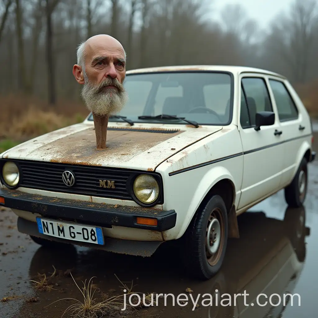Vintage-White-Volkswagen-Golf-MKAI-Art-Prompt-Expansion1-with-Bald-Man-and-Cobwebs