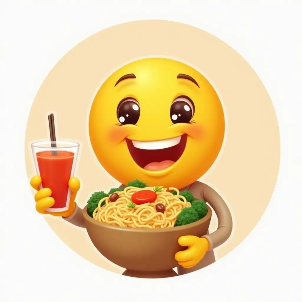 Smiley face emoji logo holding a bowl of noodles and a glass of juice