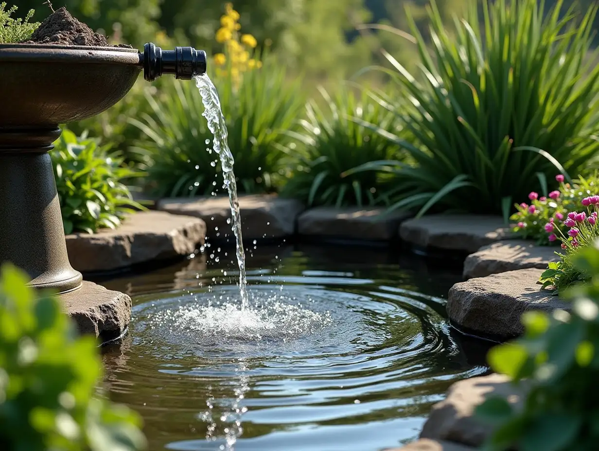 A water fountain surrounded by lush plants in a garden setting, Incorporate water-saving features like rainwater harvesting systems or greywater recycling