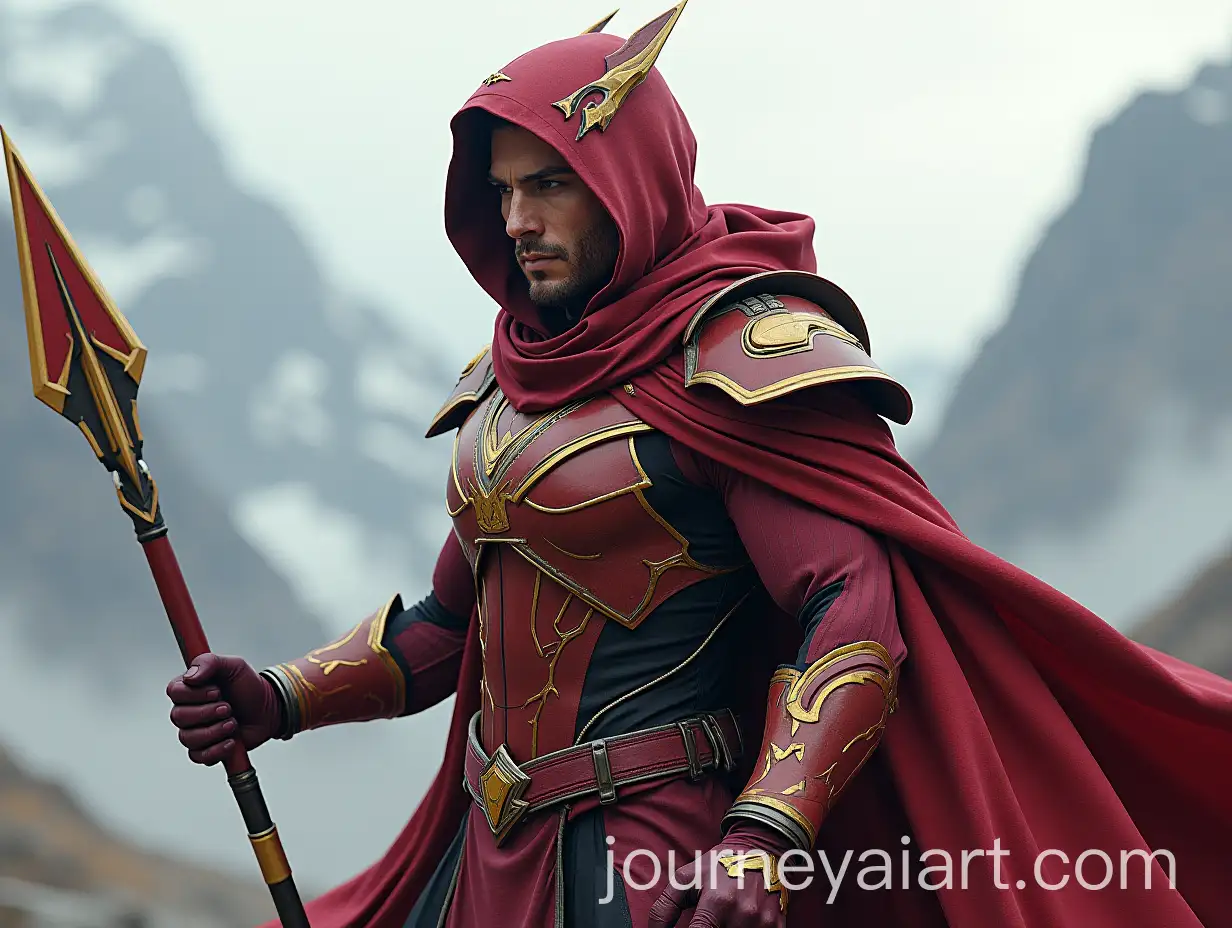 Heroic-Male-Warrior-in-Red-Maroon-and-Golden-Yellow-Futuristic-Armor-with-Spear-and-Shield