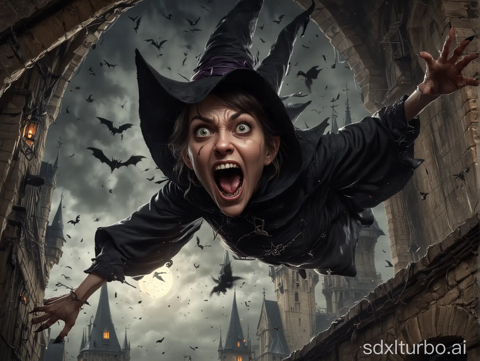 Malevolent-Witch-Flying-Under-Tower-Ceiling-with-Claws-Out