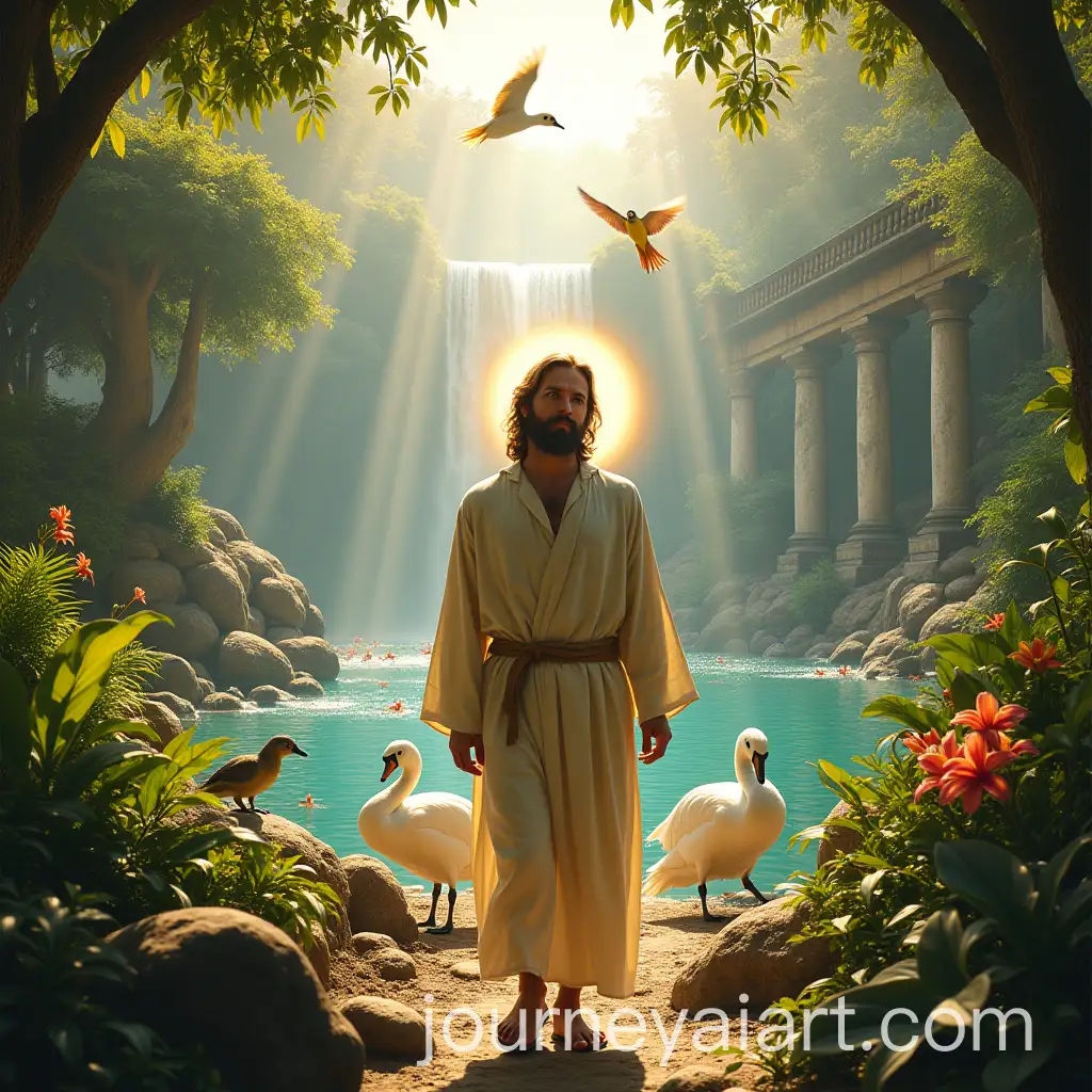 Jesus-Walking-in-a-Botanical-Garden-Surrounded-by-Wildlife-and-Ancient-Ruins