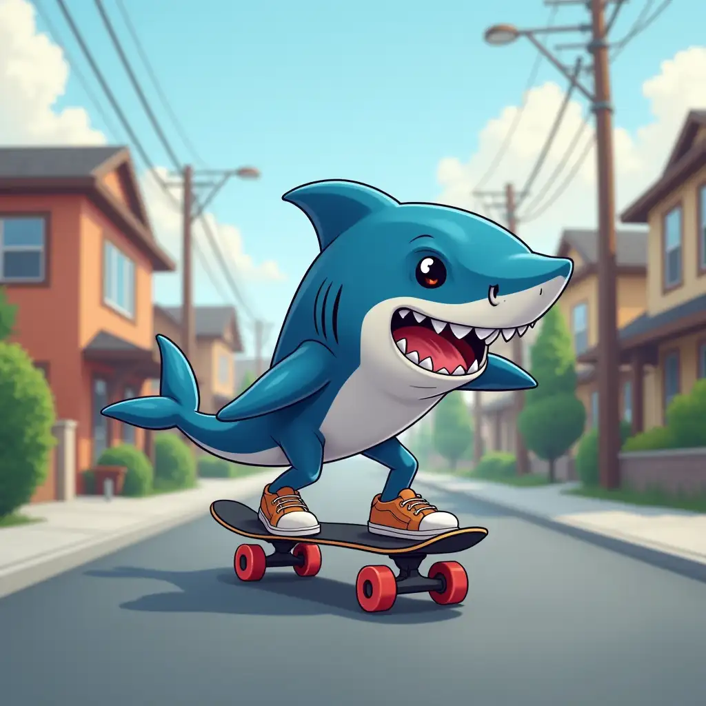 Personalize a blue shark with gray gradient practicing skateboarding, belly on the board through the streets, with houses in the image. Realistic.