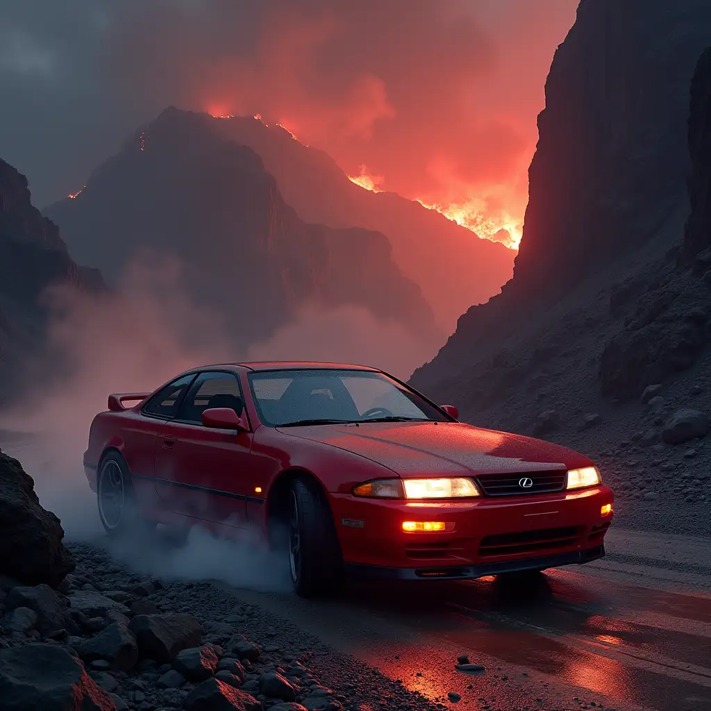 a dark red lexus 1992 sc400 riding trough hellish mountians with fire and creatures in the background during midnight