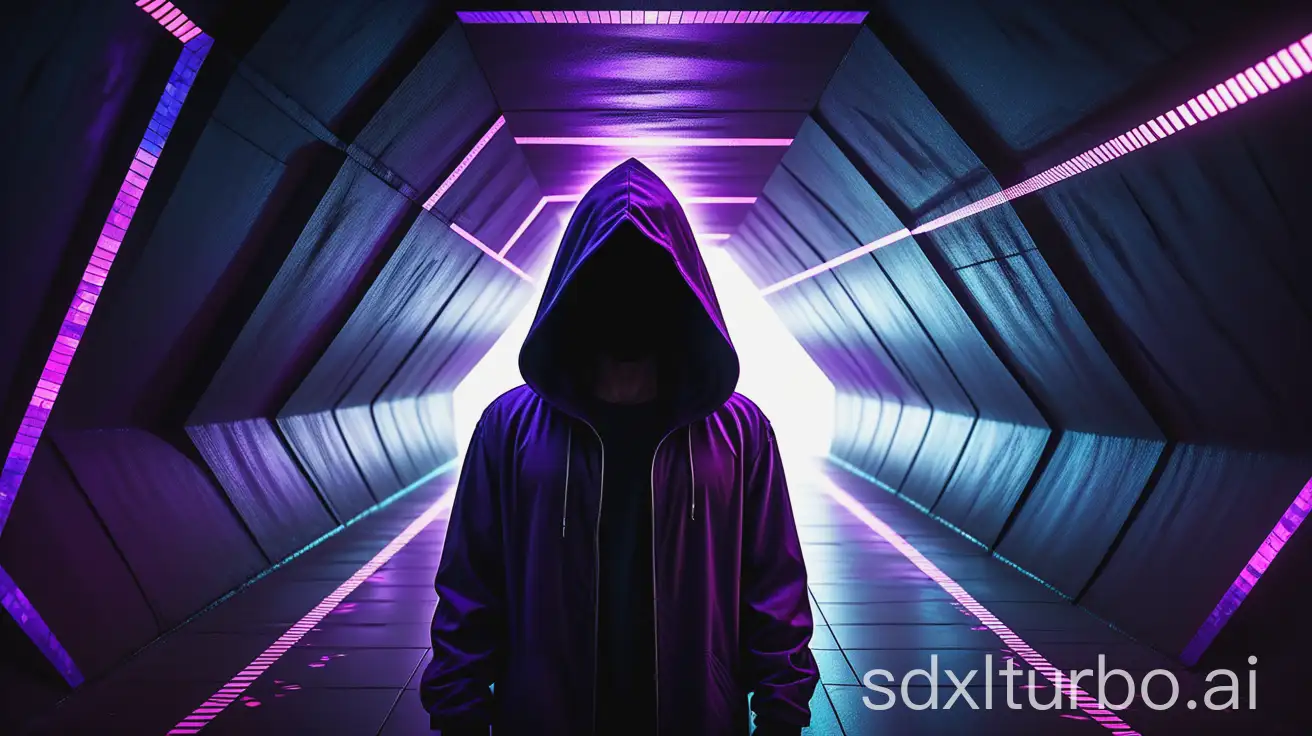 A person wearing a dark hooded cloak, positioned in the center of a triangular tunnel. The tunnel walls are lined with vibrant purple and neon purple lighting.  Small, light-blue, pixelated particles are scattered around the figure, creating a digital or futuristic effect. The hood covers the head and upper torso, obscuring the face and details of the person beneath. The person's figure is dark and mysterious, with a silhouette effect.  The perspective is slightly angled downward, looking up into the tunnel. The composition is dynamic, with the diagonal lines of the tunnel leading the viewer's eye to the central figure. The predominant colors are shades of purple, violet, and blue.  The lighting is intense and focused on the central figure, with a strong contrast between the light and dark areas. The atmosphere is futuristic, digital, and slightly menacing.  The overall style is artistic and visually striking.  Important details include the intricate pixelated particles and the bright, directional neon lights. The person is facing towards the viewer's perspective, looking directly forward into the tunnel.  The tunnel's triangular structure is a significant design element.