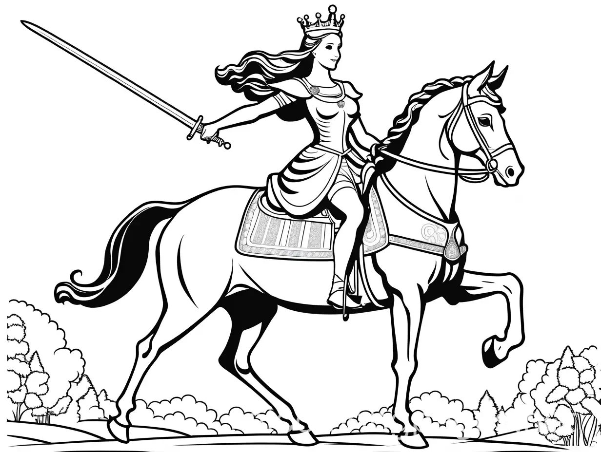 Majestic-Queen-Riding-a-Horse-with-Sword-for-Kids-Coloring-Page