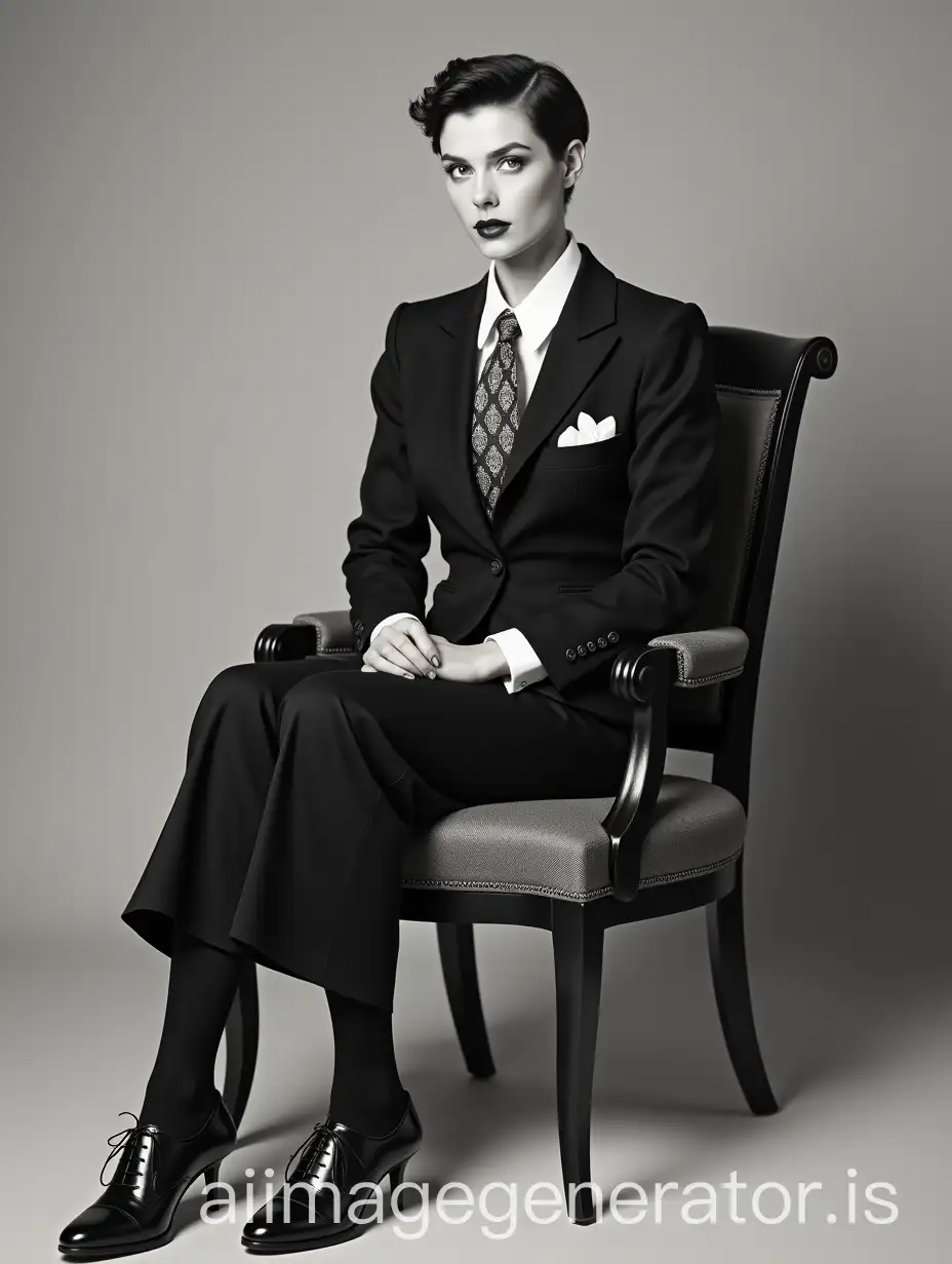 Full body shot of beautiful female woman 1940s movie actress, dressed up like a male private detective, with very short side-parted pixie cut, wearing man's Oxford shoes, wearing man's business suit, paisley necktie, dress shirt, pocket square, suit pants, black socks, sitting in chair, in front of blank background