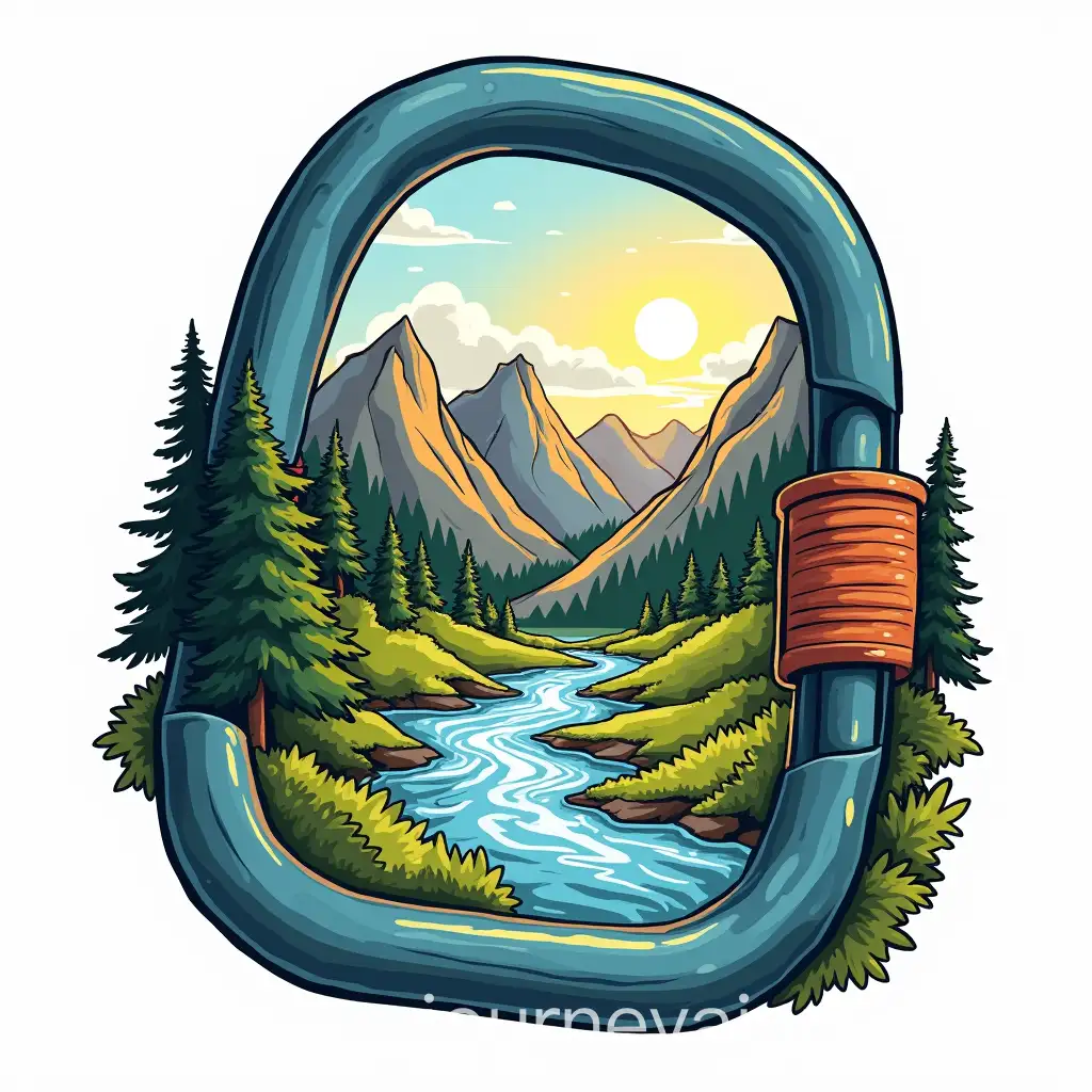 Climbing-Karabiner-with-a-Beautiful-Natural-Landscape-Featuring-Mountains-Rivers-and-Sunlight