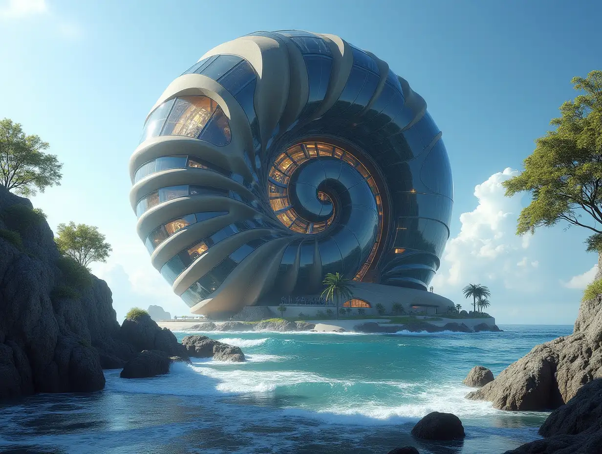 Create a high-resolution, realistic image of a very tall futuristic building with windows twisted like a snail shell with black and gold facades with sea with very large waves, large trees, rocks blue sky