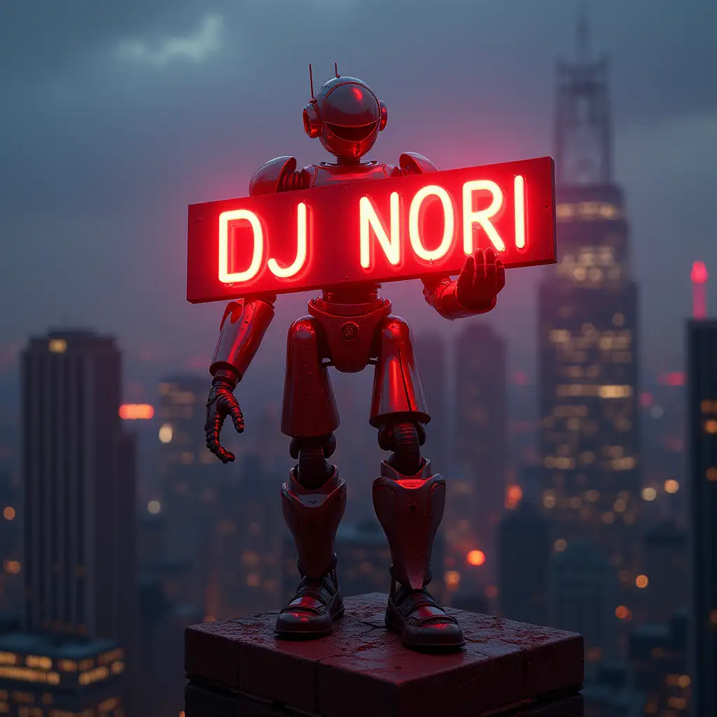 NY view. Robot stand on a high building holding a red neon sign of “DJ NORI”