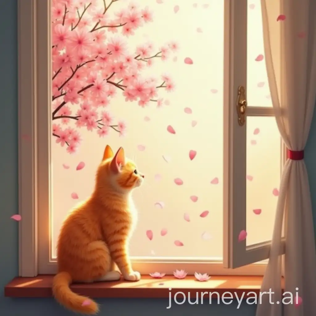 Orange-Cat-Relaxing-on-Windowsill-with-Cherry-Blossoms