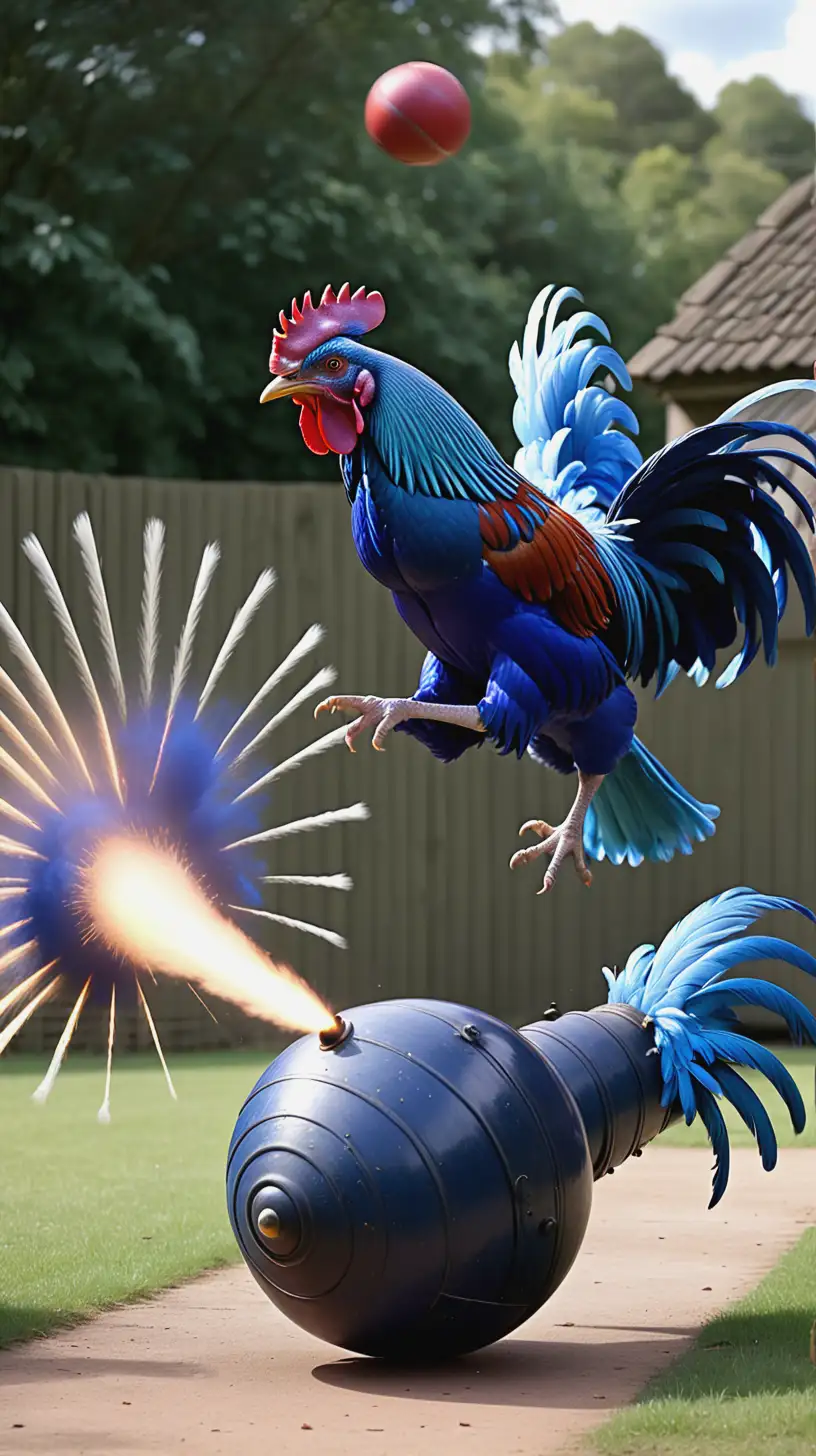 Terrified Blue Cockerel Dodging Cannonball