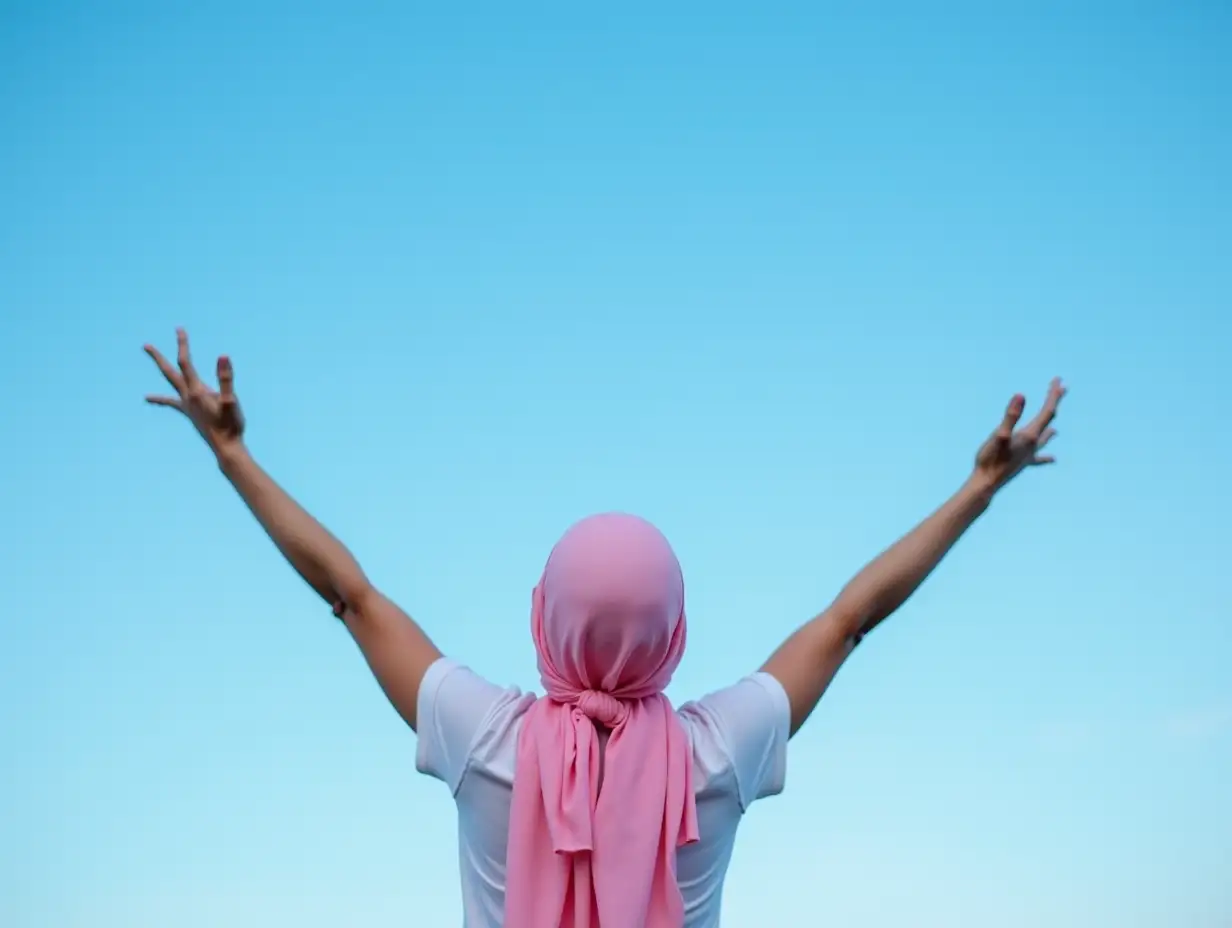 Breast-Cancer-Awareness-Woman-with-Pink-Headscarf-Looking-Up