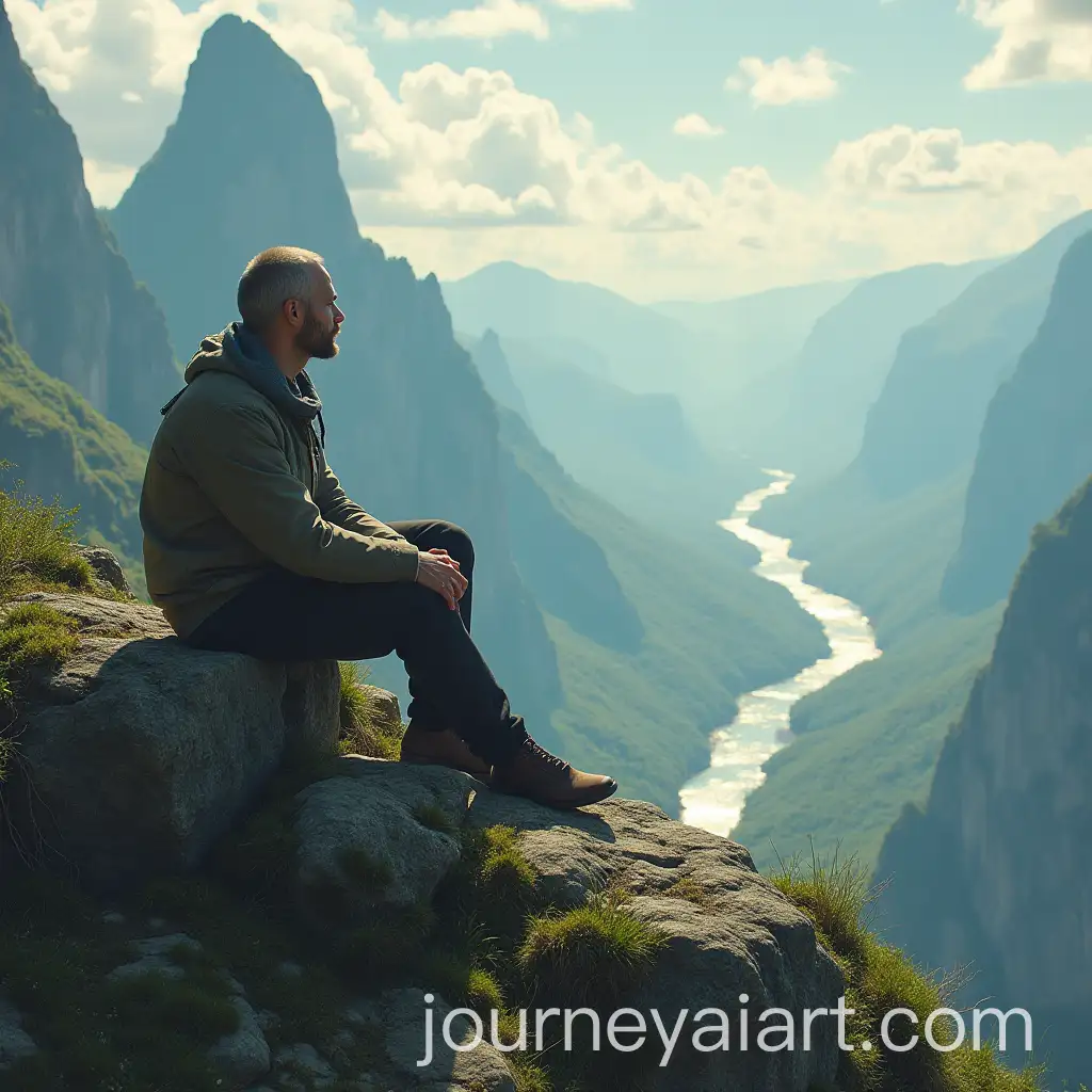 Man-Sitting-on-Rock-Observing-World-Crossed-Legs