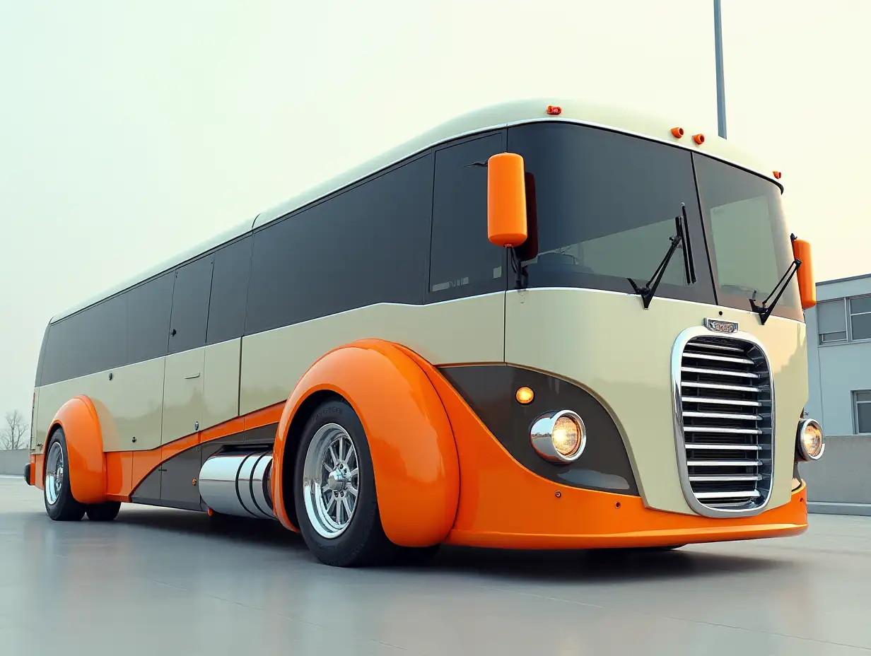 Supermodern bus with spoilers, lowered, aluminum wheels, cream, orange silver colors, Cyberpunk