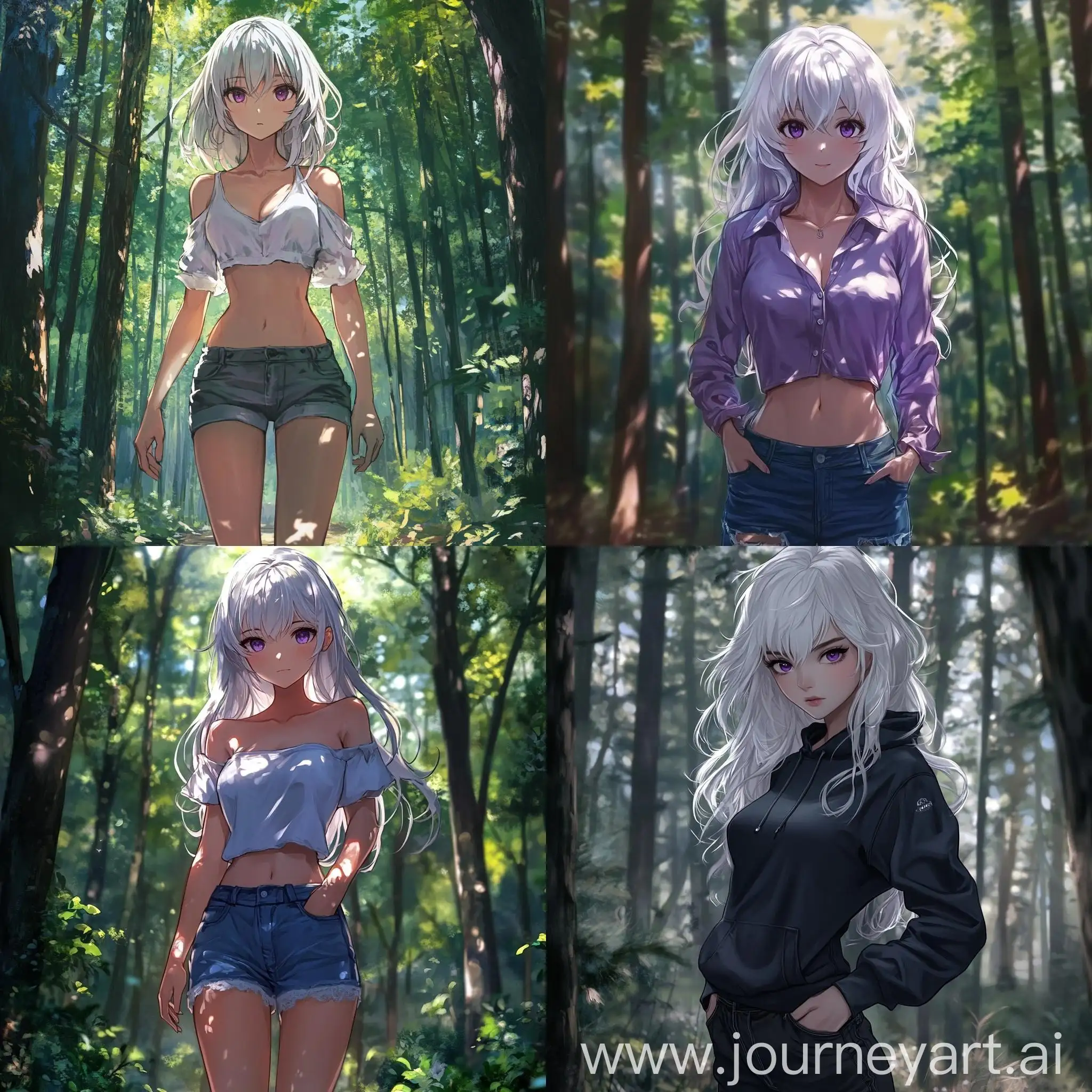 Young-Woman-with-White-Hair-Standing-Tall-in-Forest