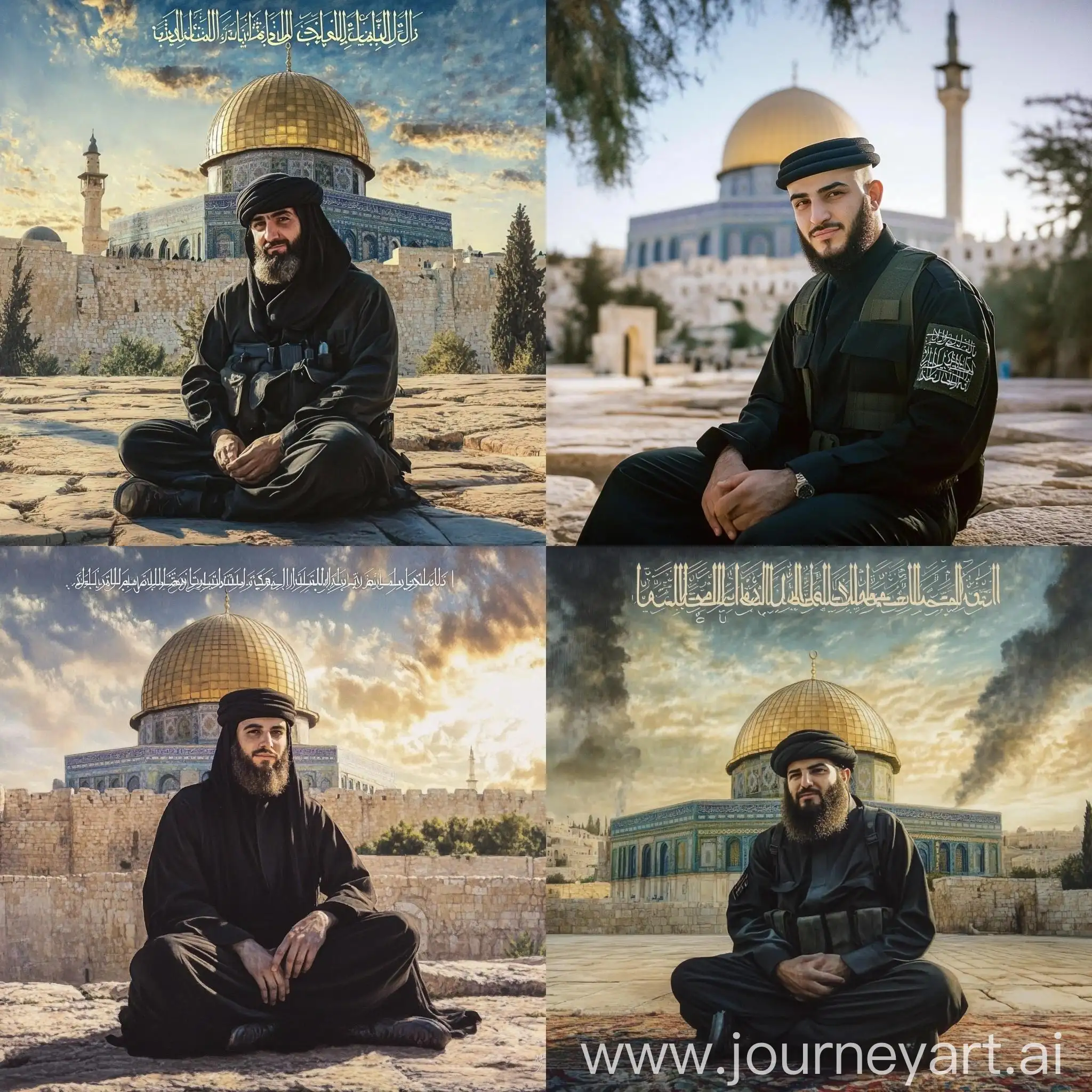 Soldier-in-Black-Abaya-with-Dome-of-the-Rock-in-Palestine-Background