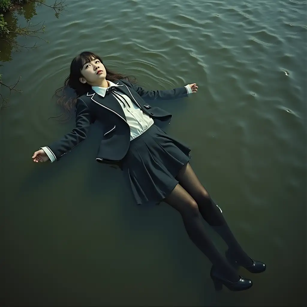 Schoolgirl in a school uniform suit, in a skirt, jacket, blouse, dark tights, high-heeled shoes. She is swimming in a dirty swamp, lying underwater, all her clothes are completely wet, wet clothes stick to her body, the whole body is underwater, submerged in water, under the surface of the water, below the water's edge.