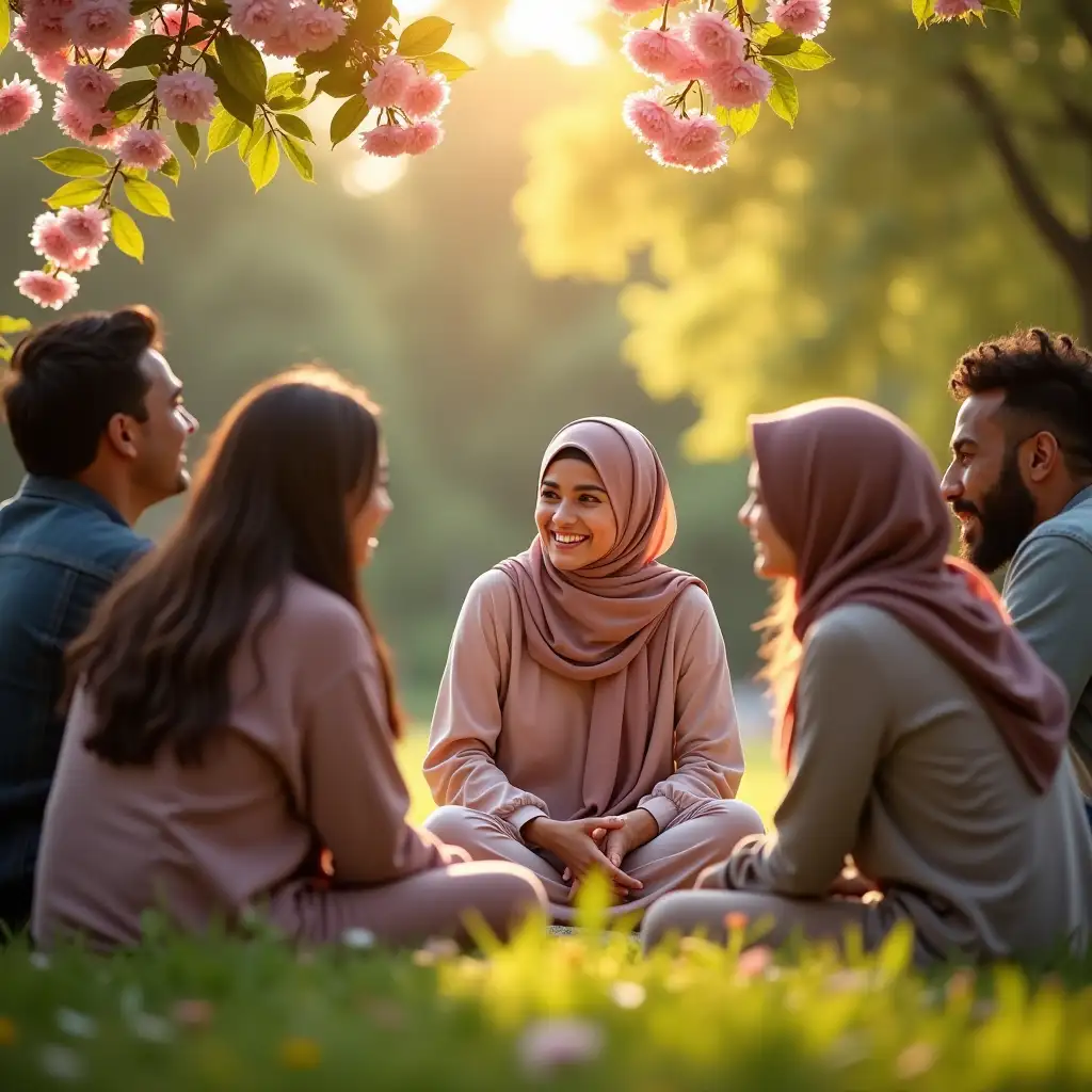 A beautiful park scene featuring a group of diverse people including Muslims gathered in a circle, engaged in heartfelt conversation and laughter. The atmosphere is filled with blooming flowers, golden sunlight, and a gentle breeze. The central female figure in hijab is surrounded by warmth and admiration, symbolizing their role in fostering meaningful relationships and creating a nurturing environment for all.